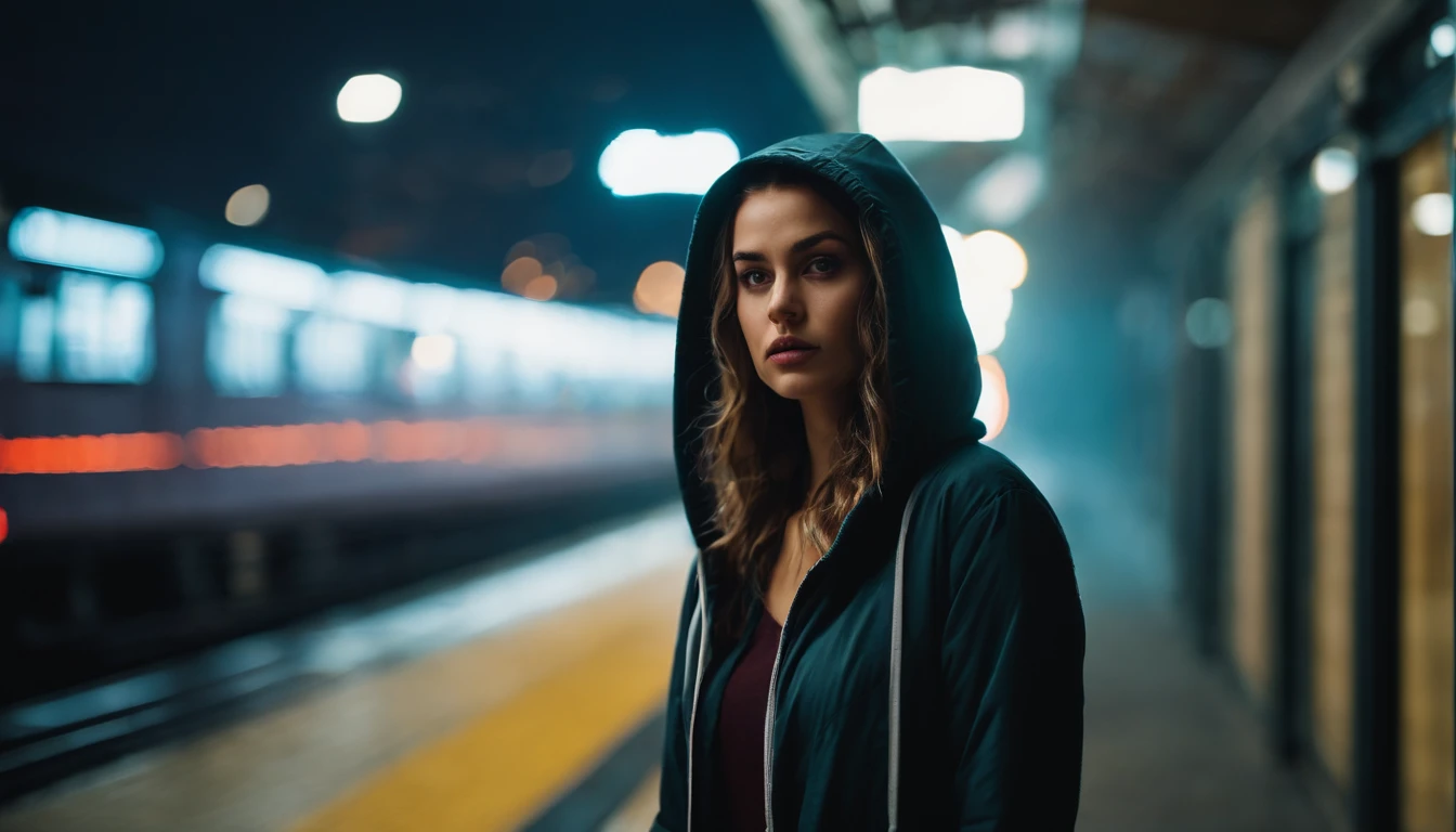 Portrait of a beautiful girl with a hoodie in a train station at night, rainy night, beautiful eyes, foggy night lights, dramatic lights, neon lights, hardwave aesthetic, cold lights, dark cyberpunk aesthetic, extremely beautiful woman.