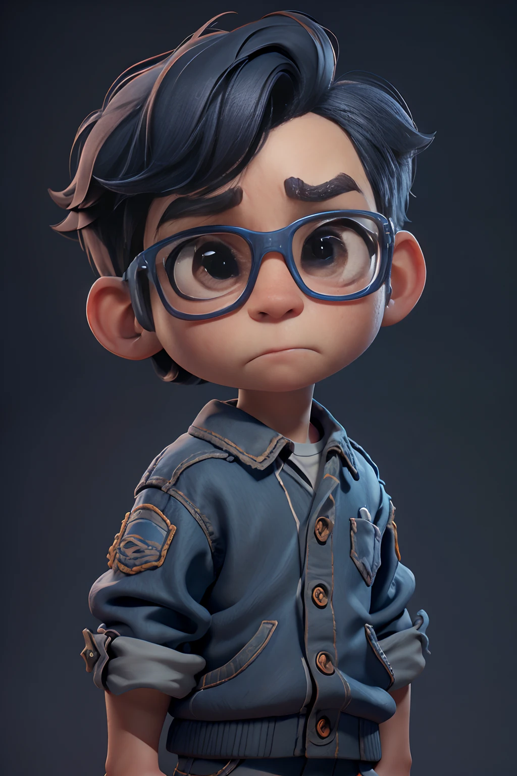 A 3D Pixar style Animation character development, featuring of a young kid nerd look, character spread sheet, blueprint, 3D realistic render, high resolution texture, dramatic lighting, expressive caricature, strong facial expression, dramatic intense perspective