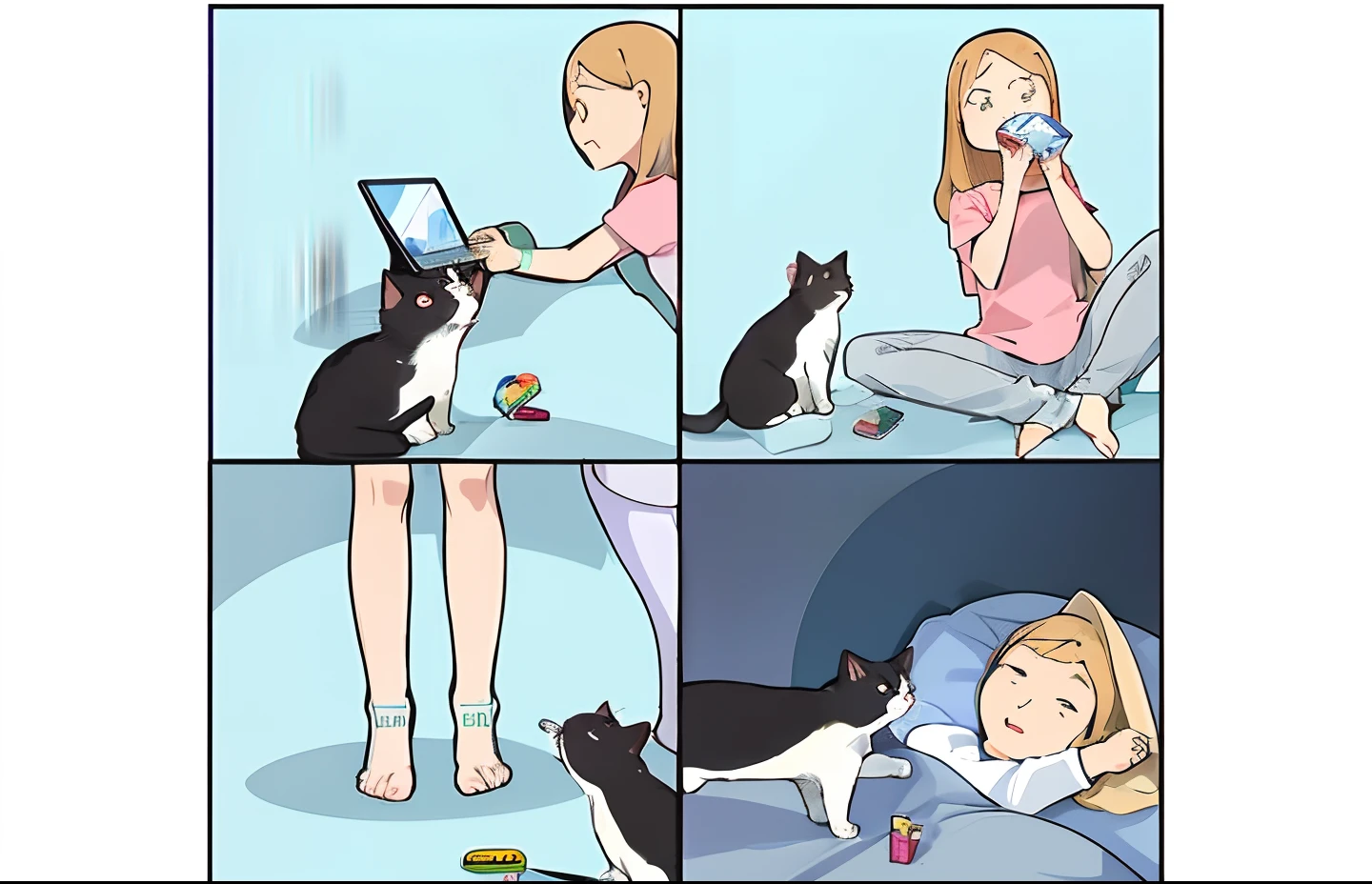 desenhos animados de uma mulher sentada em uma cama com um gato e um laptop, funny illustration, funny strange illustration, Acariciando um gato, Comer gato, funny image, Fazer um lanche, Realistic!!, realmente realista, desenho animado bonito, cientificamente preciso, cartoonish funny, Accurate illustration, foto muito precisa, humorous illustration, there is a cat next to her, funny cat