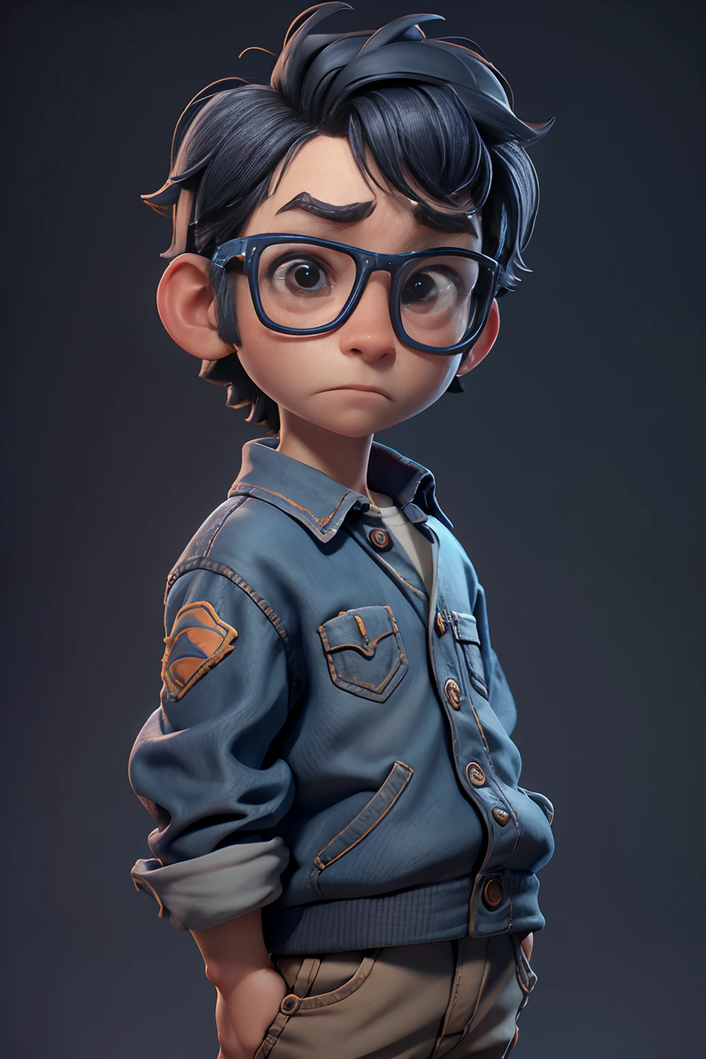 A 3D Pixar style Animation character development, featuring of a nerd look, character spread sheet, blueprint, 3D realistic render, high resolution texture, dramatic lighting, expressive caricature, strong facial expression, dramatic intense perspective