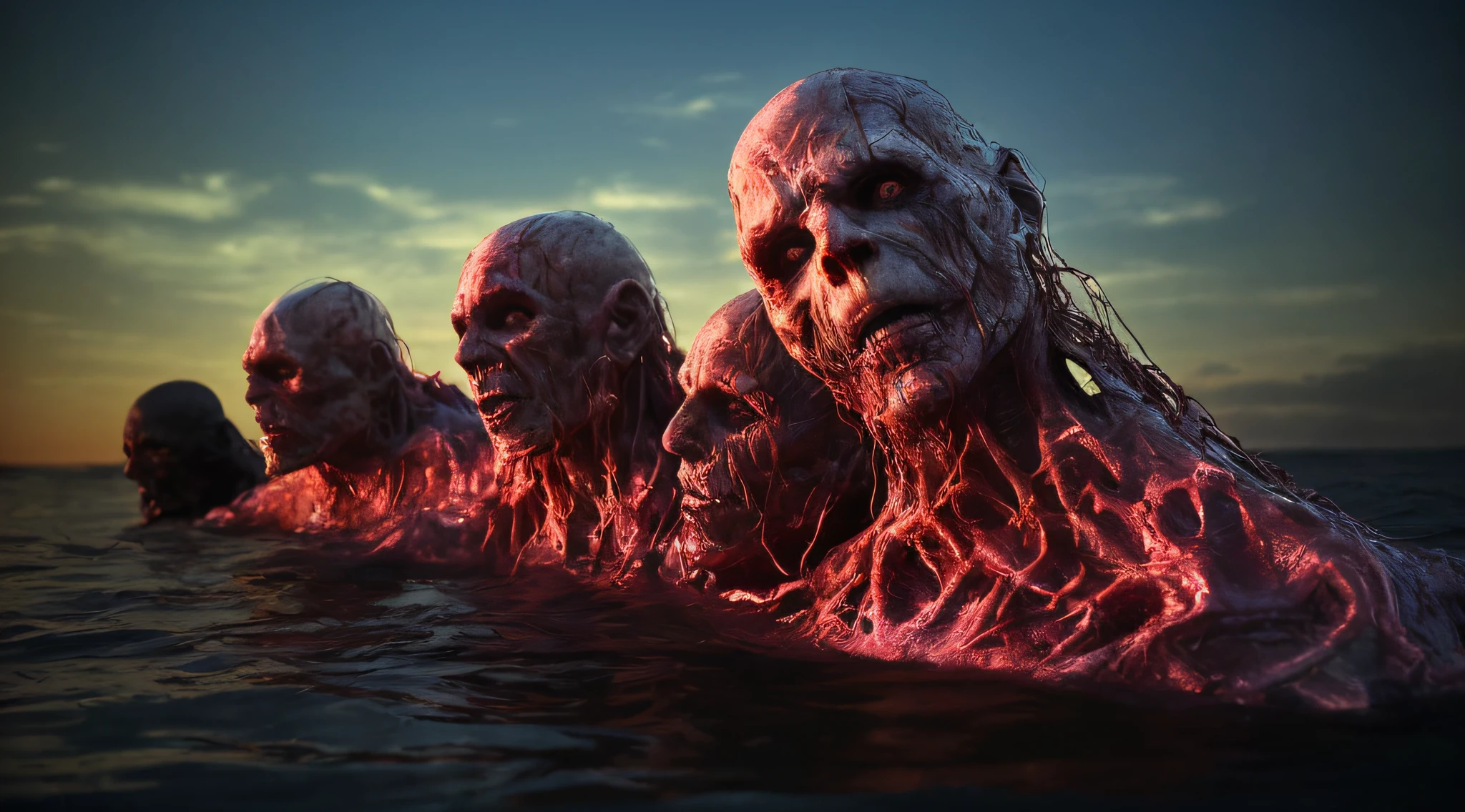 Three scary-looking people in the water with glowing skin, Dan Mumford. octan render, Sylvain Sarrail e Igor Morski, Horda de zumbis, Ghouls zumbi, mar de sangue, Dan Mumford. 8K octane rendering, Horda de zumbis, zumbi na arte conceitual do terror, morto-vivo. altamente detalhado, arte conceitual de terror, Directed by: Aleksander Kobzdej