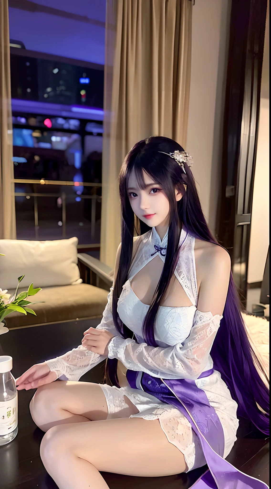 (Long lavender hair, Shining, reflective light,Light wind,Messy), (Purple eyes, vibrant, Glowing), fond violet,Sexy openwork cheongsam,Black tall stockings, Cinematic lighting