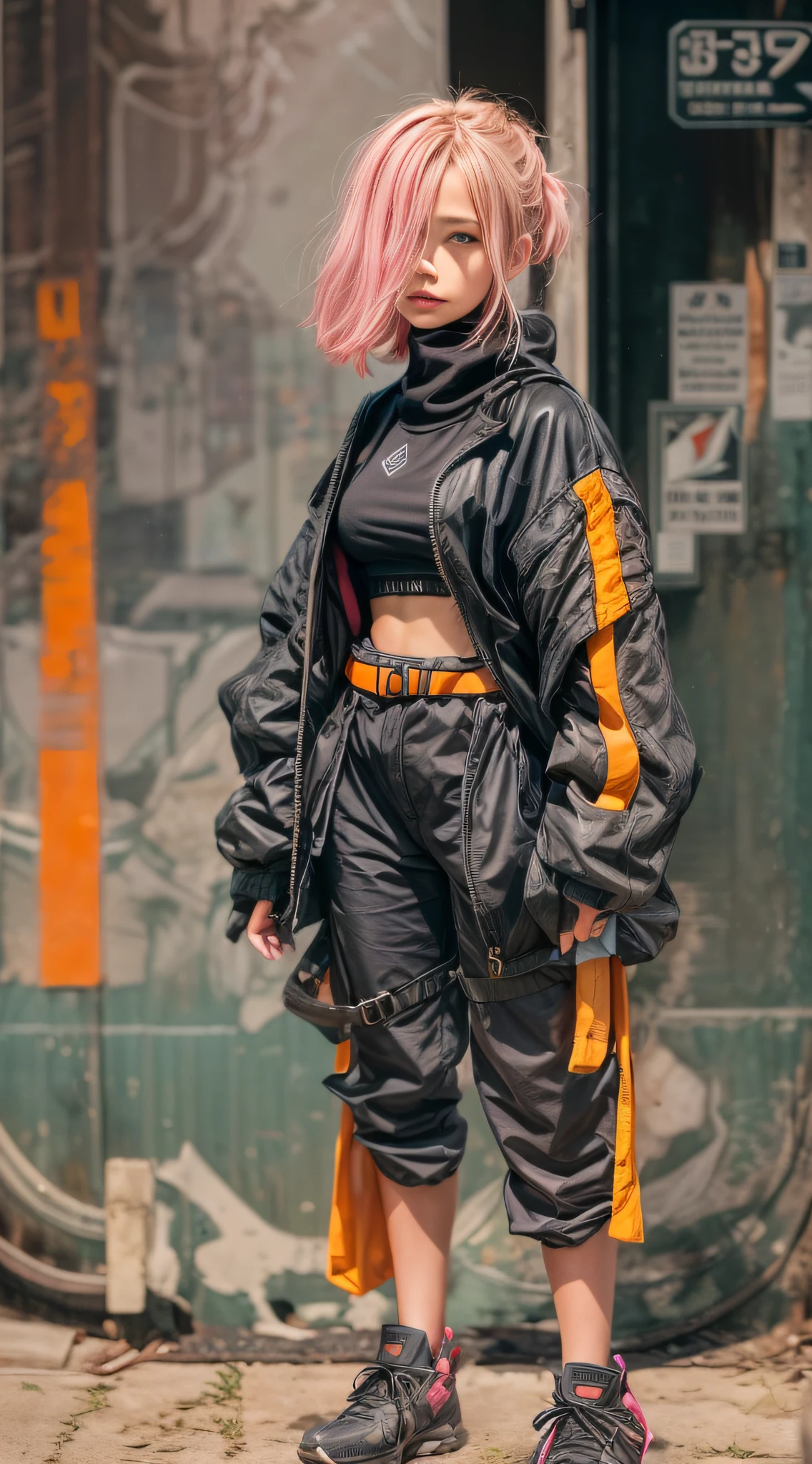 1monk warrior girl with black orange shinobi techwear clothing, Short pink hair, shoelace, Vintage Scifi Background Abstract, Art by Moebius, Art by Ashley Wood