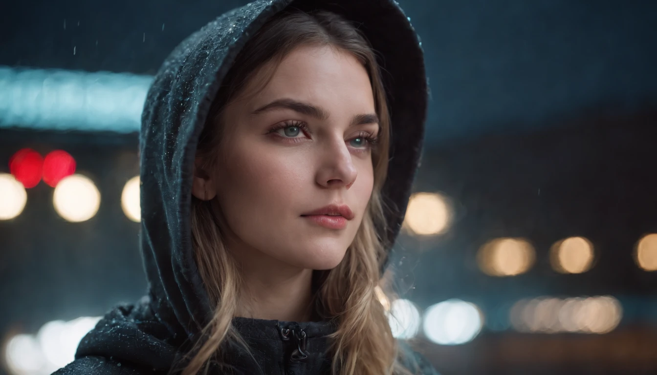 Portrait of a beautiful girl with a hoodie in a train station at night, rainy night, beautiful eyes, foggy night lights, dramatic lights, neon lights, hardwave aesthetic, cold lights, dark cyberpunk aesthetic, extremely beautiful woman.