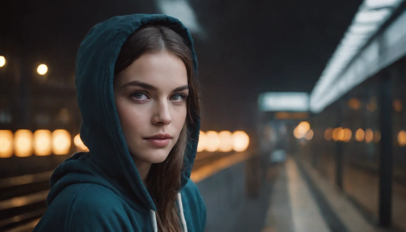Portrait of a beautiful girl with a hoodie in a train station at night, rainy night, beautiful eyes, foggy night lights, dramatic lights, neon lights, hardwave aesthetic, cold lights, dark cyberpunk aesthetic, extremely beautiful woman.