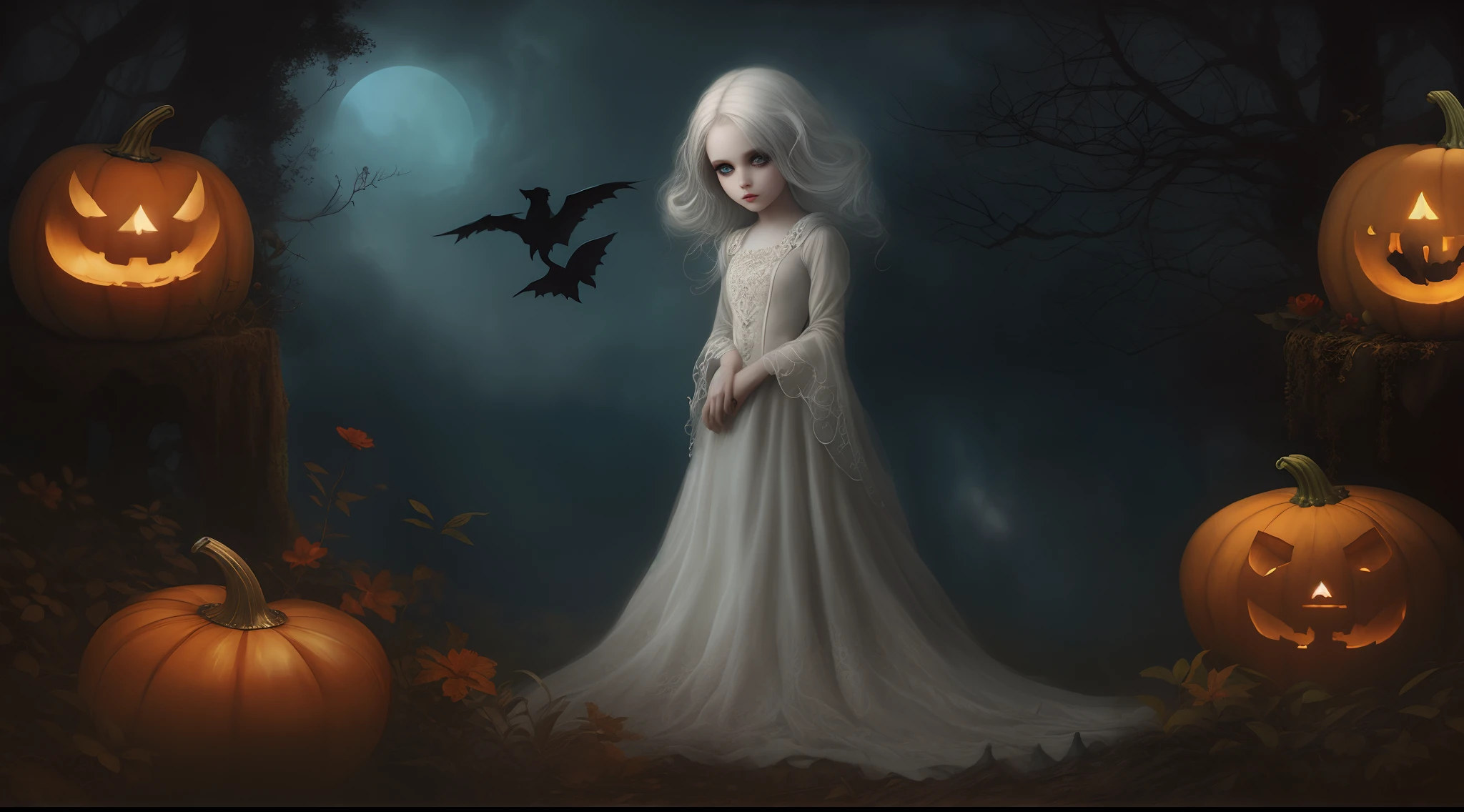 Hay una chica con un vestido blanco parada en un bosque con calabazas, Lori Earley, Pale Young Ghost Girl, Fantasy Dark Art, gothic fantasy art, Artstyle Tom Bagshaw, Retrato de una joven bruja, in style of dark fantasy art, Gothic Maid, Mark Ryden en el estilo de, Al estilo de Anne Stokes, inspirado por Ray Caesar