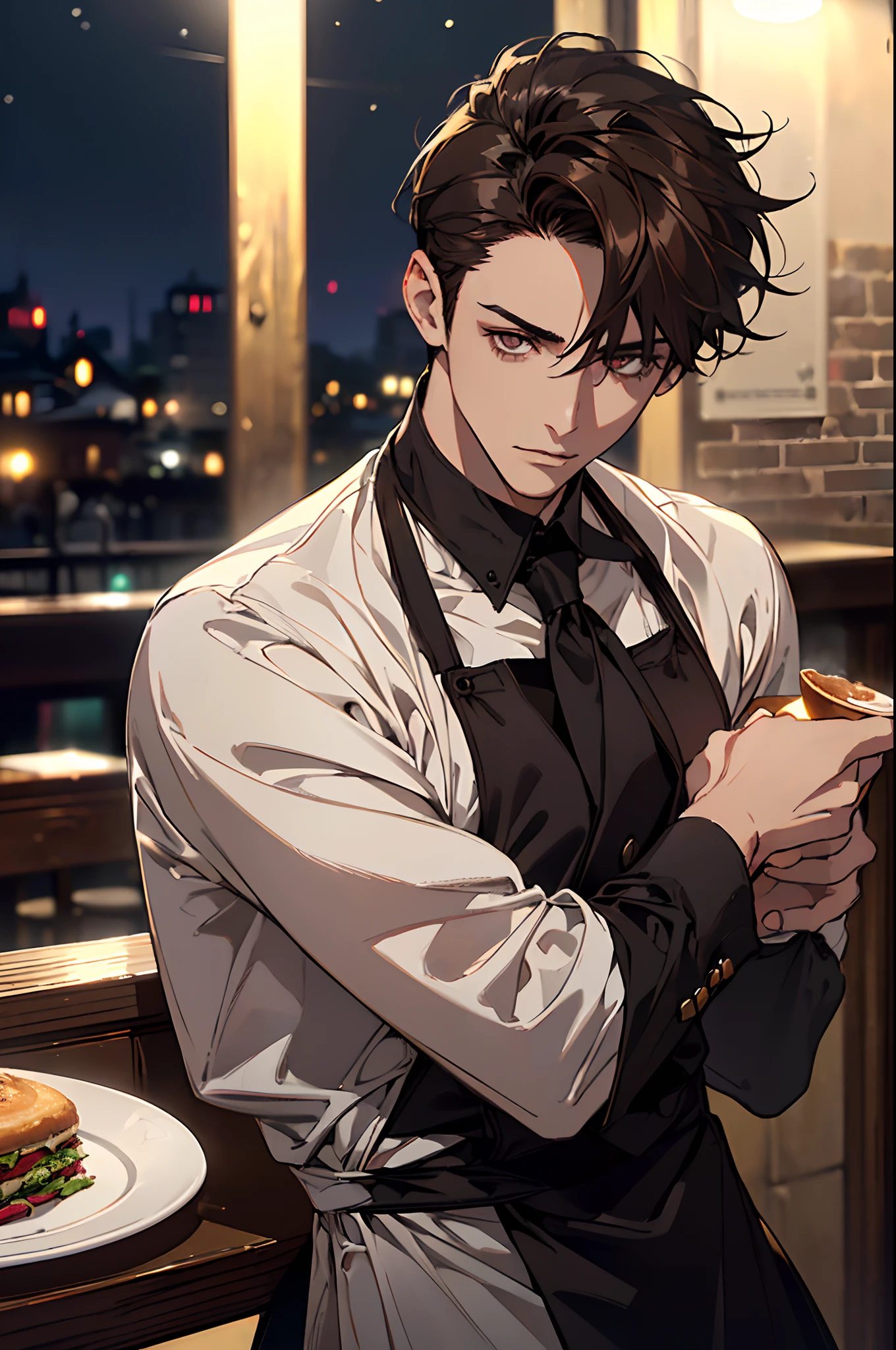 1 boy, beautiful male body, 24 years old , Body length 180 cm, ((short hair hair, Brown, (Chin hair length), ((Hair length 10 inches)) (Street hairstyle) , (dark brown eyes), realistic eyes, beatiful eyes, ((sharp eyes)), ((Waiter clothes Cafe)), (8k wallpaper), ((Cafe background)),  8k, Quilty Altitude, Realistic, Beautiful realism, outstanding detail, RAW photo, Realistic clothes, Dark brown hair, realistic hair, Light and cool lighting, realistic photo, Cel shaded, Gel lighting, ultra-detail, ((In the night)), simple muscles