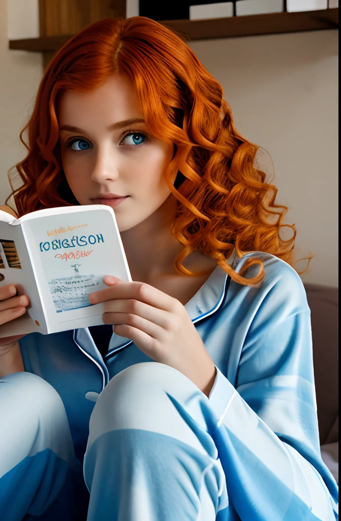 Juges girl with orange wavy hair and light blue eyes ,Modell, mit Pyjama und buch