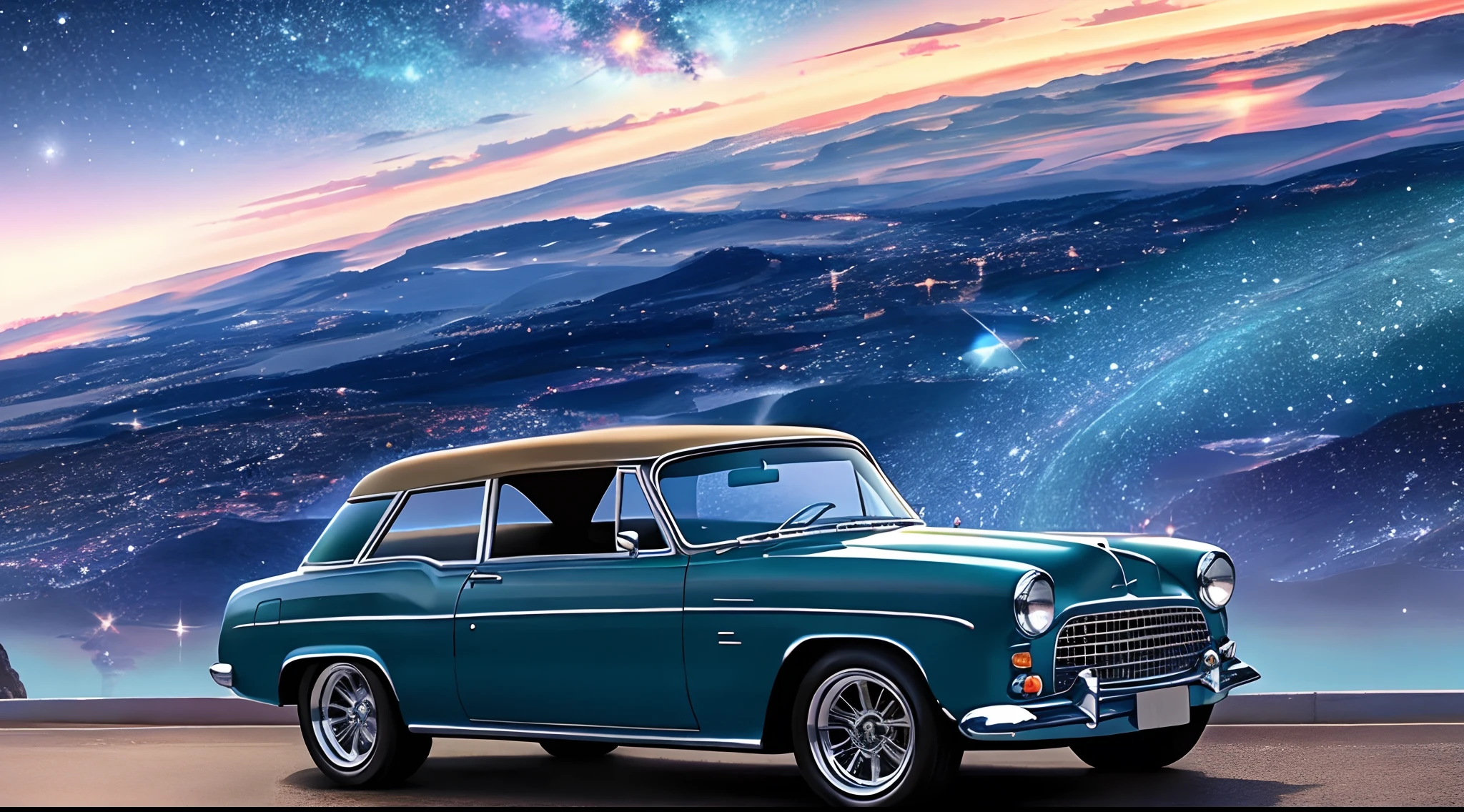 scenic view, classic car, galaxy background, galaxy sky