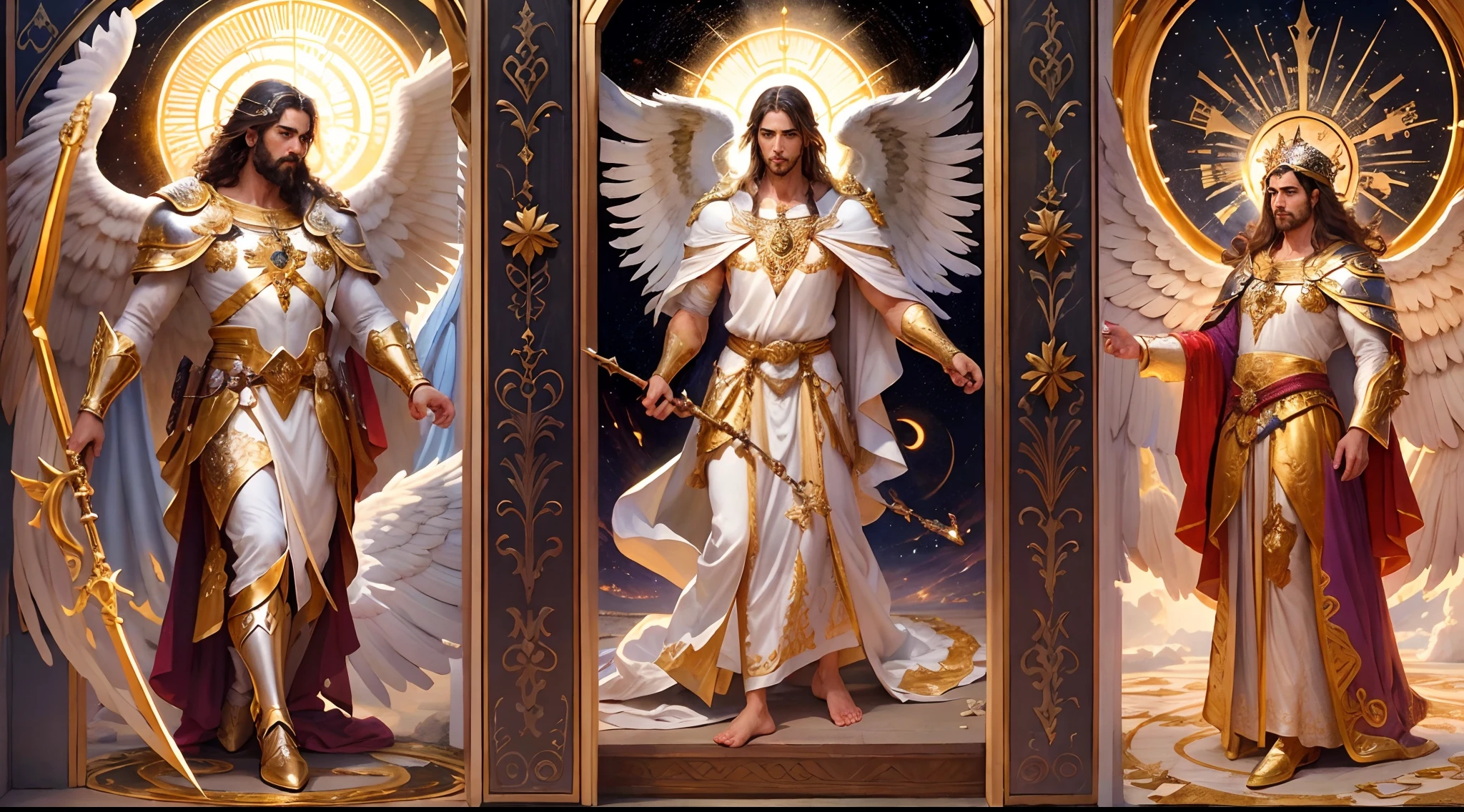 The representation of Saint Michael the Archangel, and virtue (second hierarchy of angels) looking from the side, and in the middle of them a seraph with a throne. for a tattoo