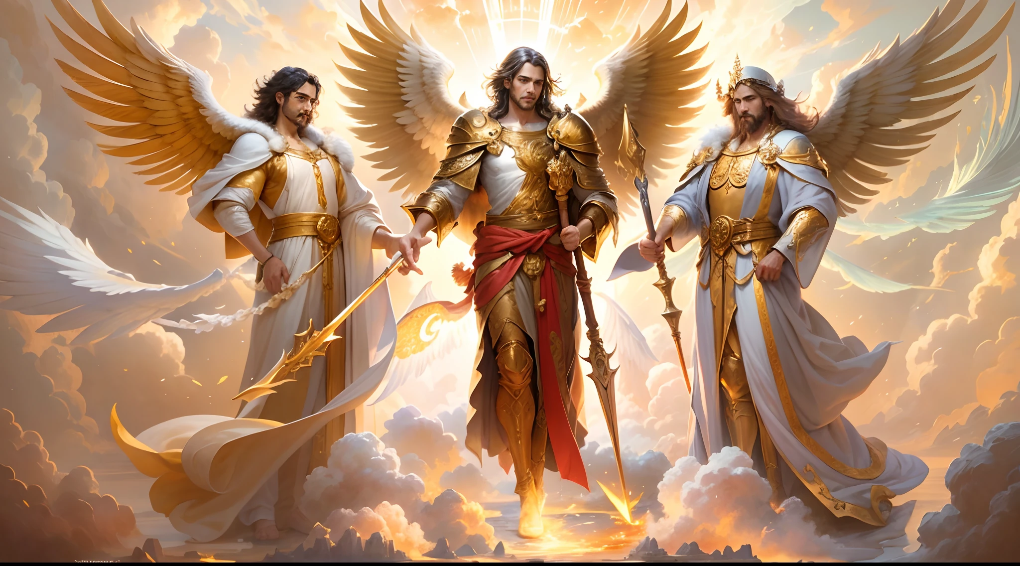 There is a painting of 3 beautiful angels with big wings in the sky, 3 Anjos majestoso de corpo inteiro, vestido com roupas brancas e vermelhas, biblical accurate angel, 3 Arcanjos Miguel, Gabriel e uriel, 3 anjos protegendo em guarda, angel spirit guide, angelic, Arcanjo Miguel, Gabriel e Uriel, humano alado, epic angel wings, anjos lindos, anjos, being brilliant angelic, Angelic, Tema de anjos, Alto Anjos tiro distante, Biblical setting, anjos guerreiros, with a spear in his hand, vestes vermelhas estilo soldado romano, anjos aparentando idade de 40 anos e majestosos, um personagem masculino, o arcanjo Miguel, Gabriel e Uriel, imagem celestial, detalhes intricados, realista, asas ROSAS e grandes, Angelic background, Catholic illustrative image of the archangels Michael, Gabriel e Uriel, Male character of the Bible, Michael is wearing his angelic armor, cosmic background, Illumination on the Archangels and in the background, imagem do corpo todo dos anjos, Maximum detail and his angelic face and wings, pele perfeita realista, Maximum image quality, Miguel, Gabriel e uriel ele esta destacado na imagem com cores fortes e chamativas. with a spear in his hand, 3 arcanjos perfeitos, 3 anjos perfeitos, perfeitos