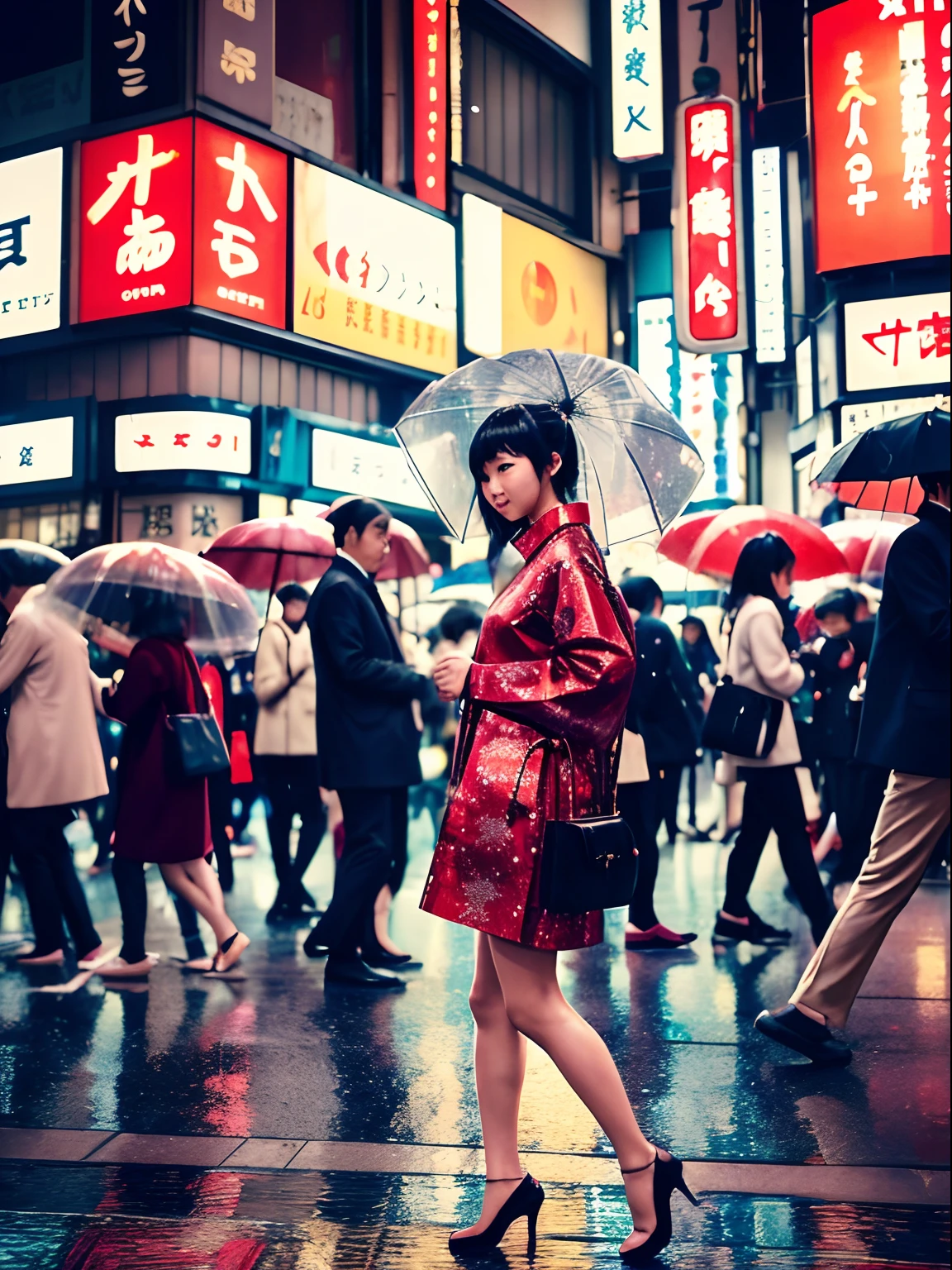 Highlight insanely beautiful Japanese woman, Tokyo crowd, light rain, early morning busy street scene, dynamic action poses, extremely happy festive moment, fashio photography, Holga photography, analog camera, lo-fi, detailed composition, cinematic lighting, cyclorama effect, fashion shoot.