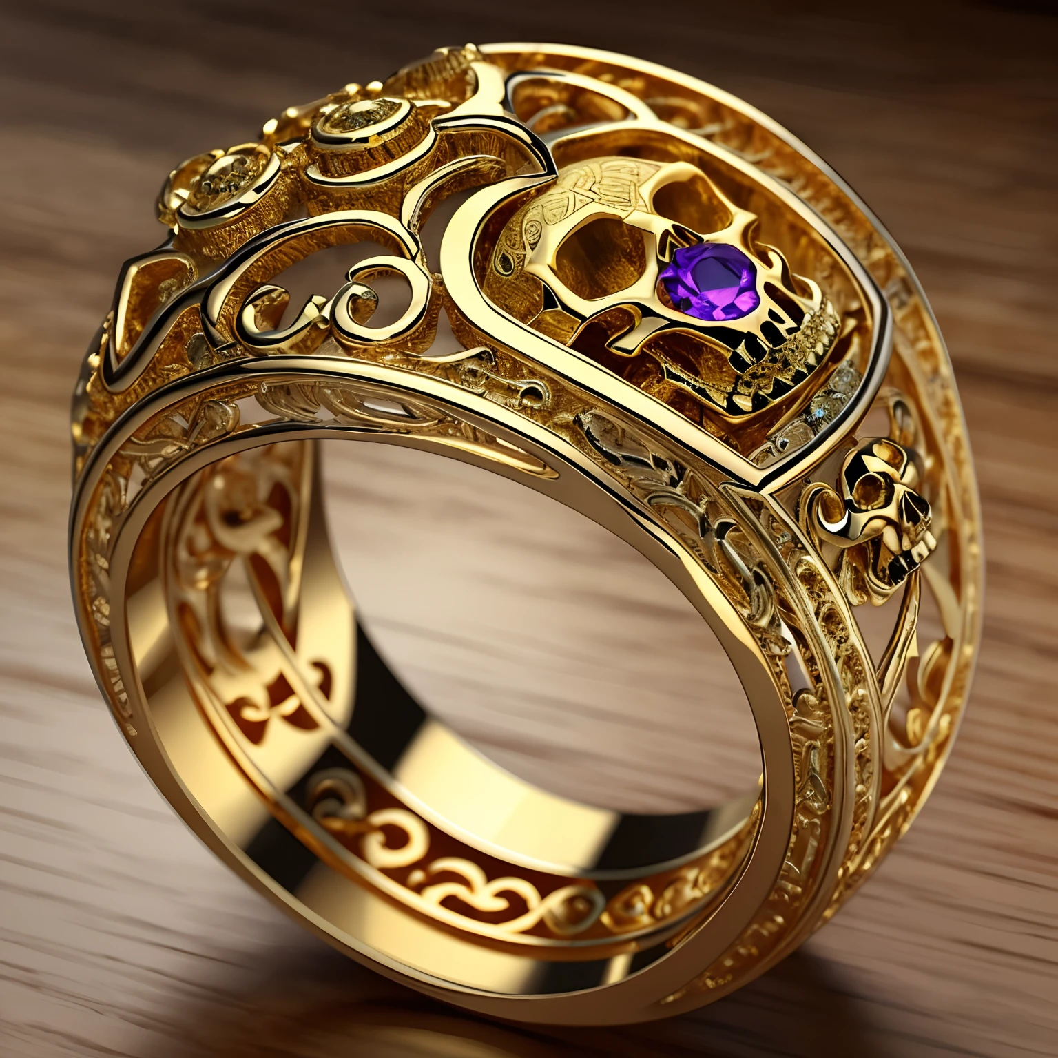 Masterpiece,highest quality,(Nothing but the ring),(No Man),Supreme Ring,Skull element carving,This is(Supreme Lord of the Rings:6.66),Made in gold,Meticulous workmanship,Honorable and gorgeous,The skull is set with blue gemstones,It shines with a noble golden magical light,