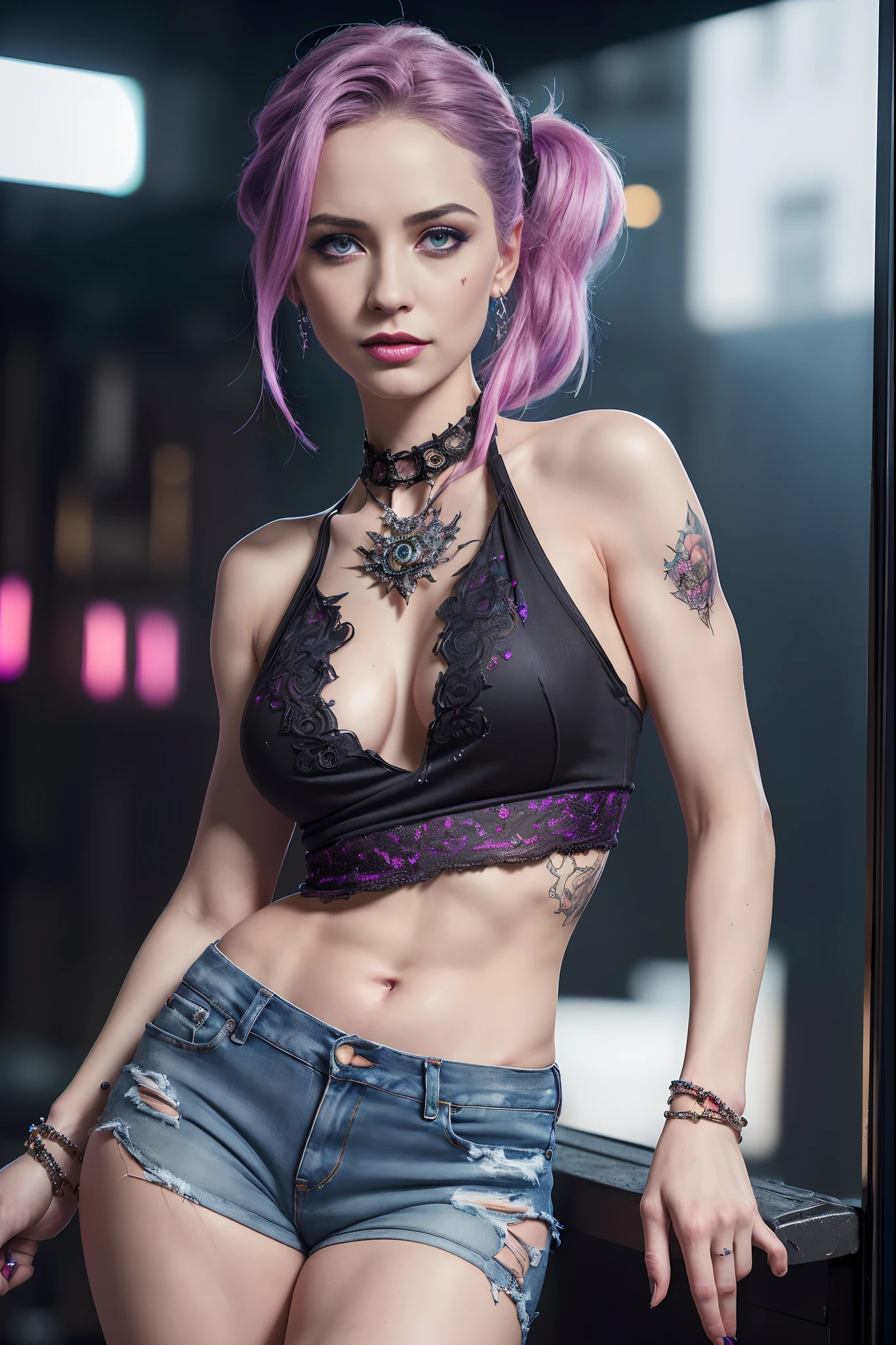Masterpiece, Jinx from Arcane, flirty expression, tank top, tight ripped jeans, intricately detailed background, (UHD, 8K wallpaper, High resolution), Cinematic lighting, award-winning, extremely detailed skin, extra detailed face, high detail eyes, photo-realistic, Zeiss 85 mm F/1.4, by Ellen von Unwerth