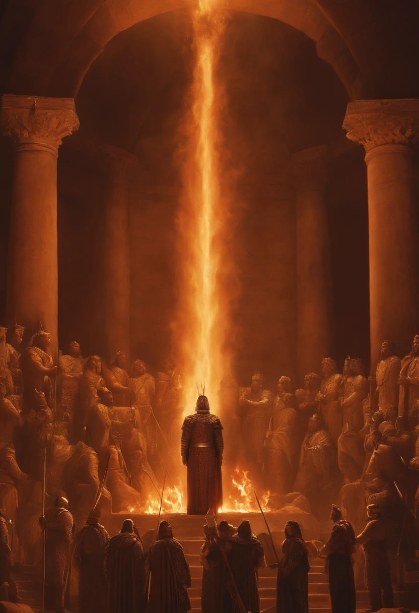 Create a representation of the famous biblical scene where King Nebuchadnezzar, on the left of the image, is furious and orders his soldiers, armed with spears and lit torches, to cast Shadrach, Meshach, and Abednego, who are bound and desperate, into the blazing furnace in the center of the image. The furnace should be ablaze, emitting intense flames. Ensure the scene captures the drama and tension of the moment, with King Nebuchadnezzar looking on with a fierce expression. Use contrasting, warm colors to accentuate the heat and intensity of the scene.