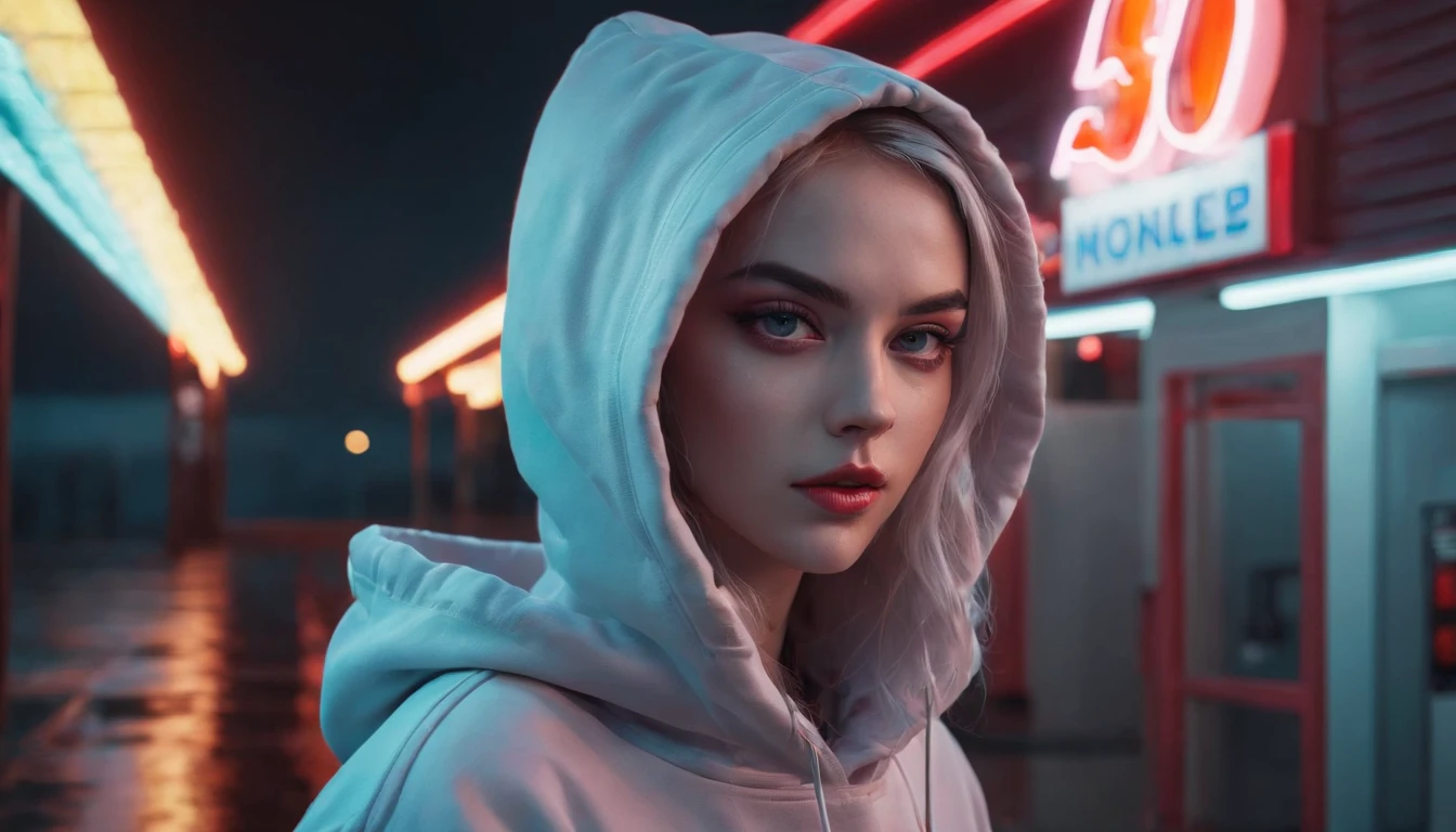 Portrait of a beautiful girl with a hoodie in gas station at night, rainy night, beautiful eyes, foggy night lights, dramatic lights, neon lights, hardwave aesthetic, cold lights, dark cyberpunk aesthetic, extremely beautiful woman.