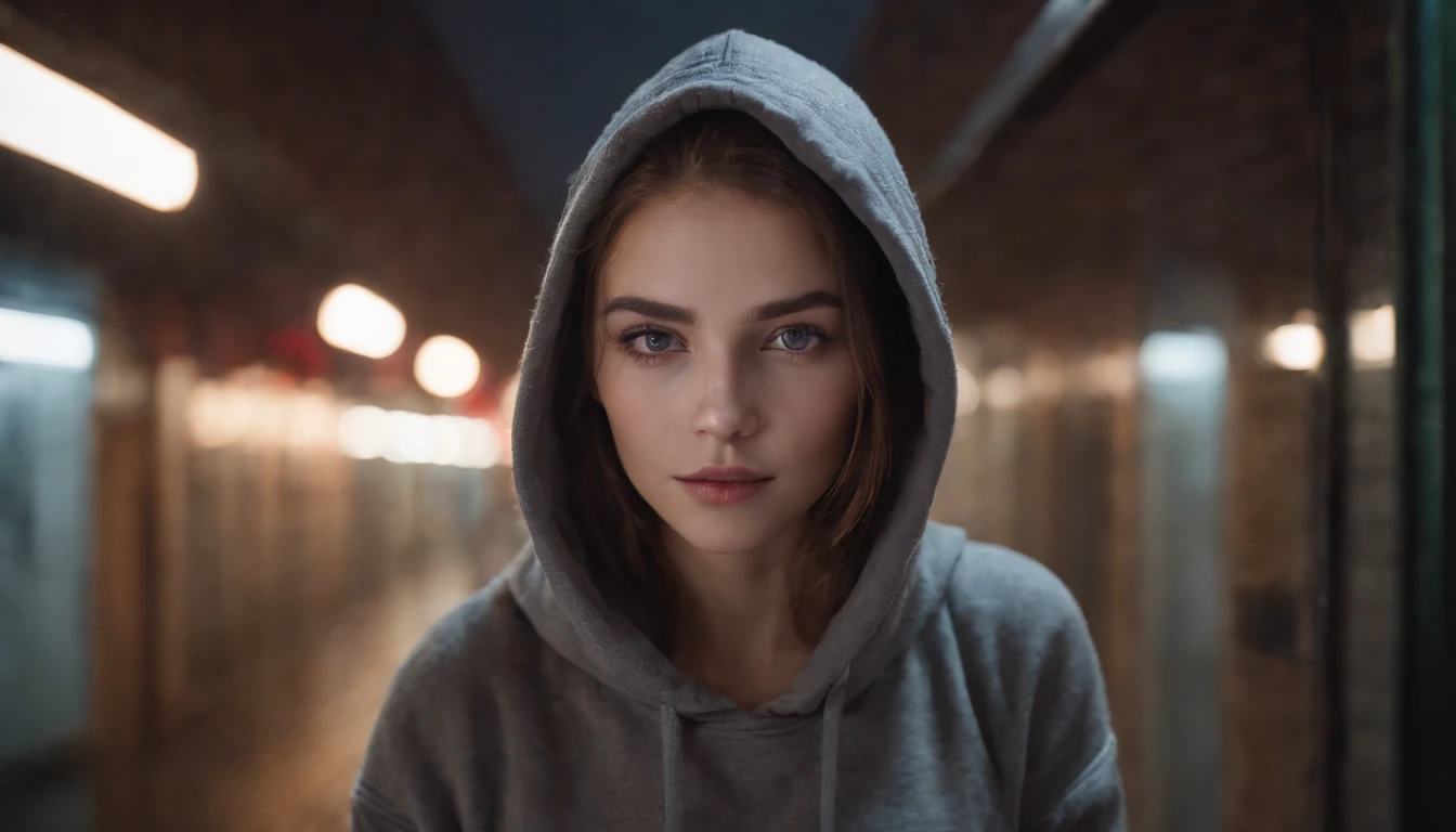 Portrait of a beautiful girl with a hoodie in a subway at night, rainy night, beautiful eyes, foggy night lights, dramatic lights, neon lights, hardwave aesthetic, cold lights, dark cyberpunk aesthetic, extremely beautiful woman.