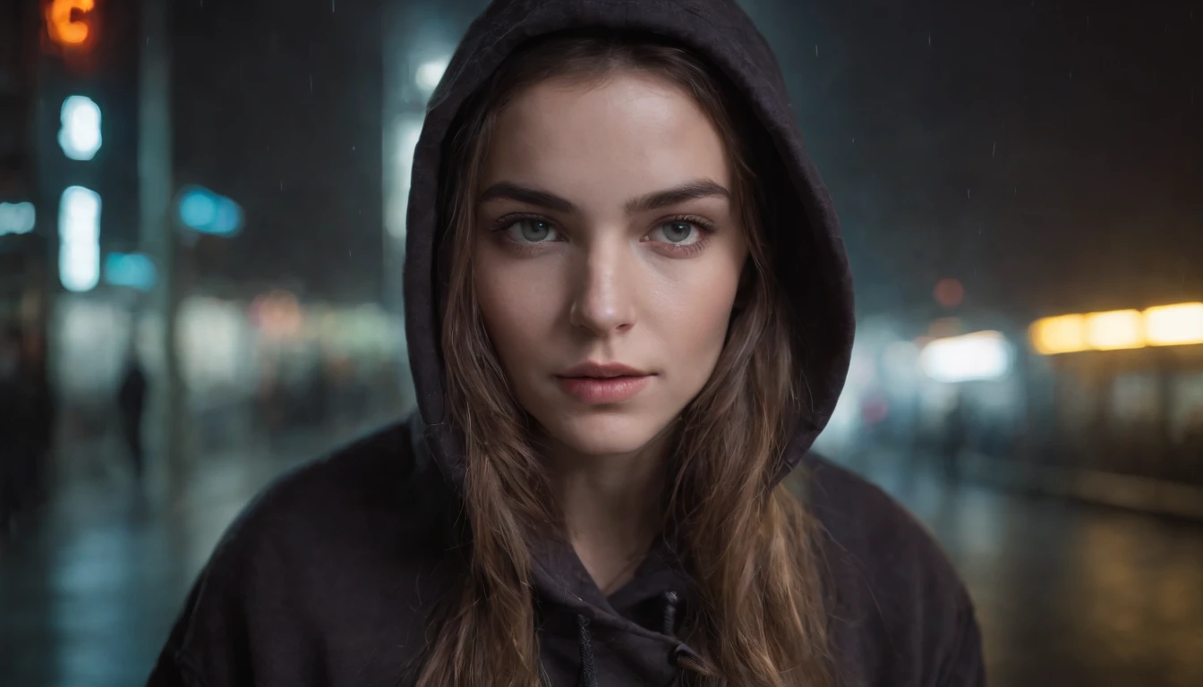 Portrait of a beautiful girl with a hoodie in a subway at night, rainy night, beautiful eyes, foggy night lights, dramatic lights, neon lights, hardwave aesthetic, cold lights, dark cyberpunk aesthetic, extremely beautiful woman.