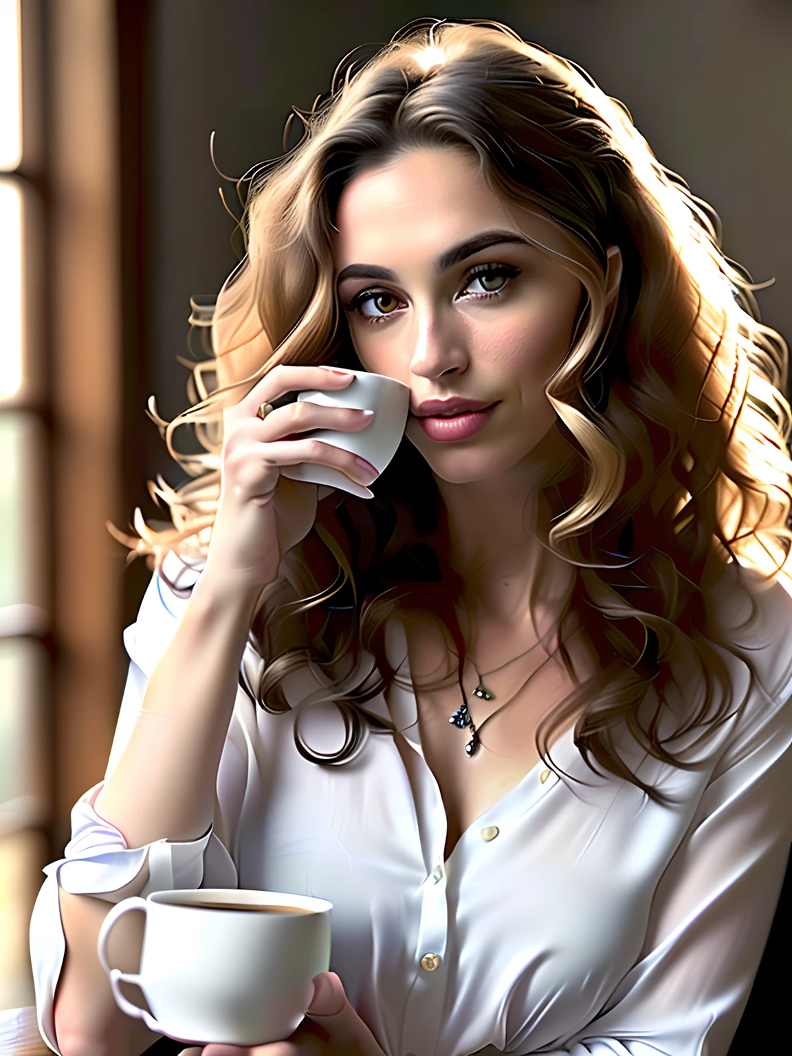 Face portrait of a woman with long dark brown curly hair with blond highlights, light brown skin and seductive eyes detailed, porter une blouse sociale, Drinking Coffee with a Blurred Background, best quality masterpiece, photoreallistic, Detailed, 8k, Hdr, faible profondeur de champ, broad light, high contrast, contre-jour, fleurir, Lueurs lumineuses, aberration chromatique, mise au point nette, Photo couleur RAW