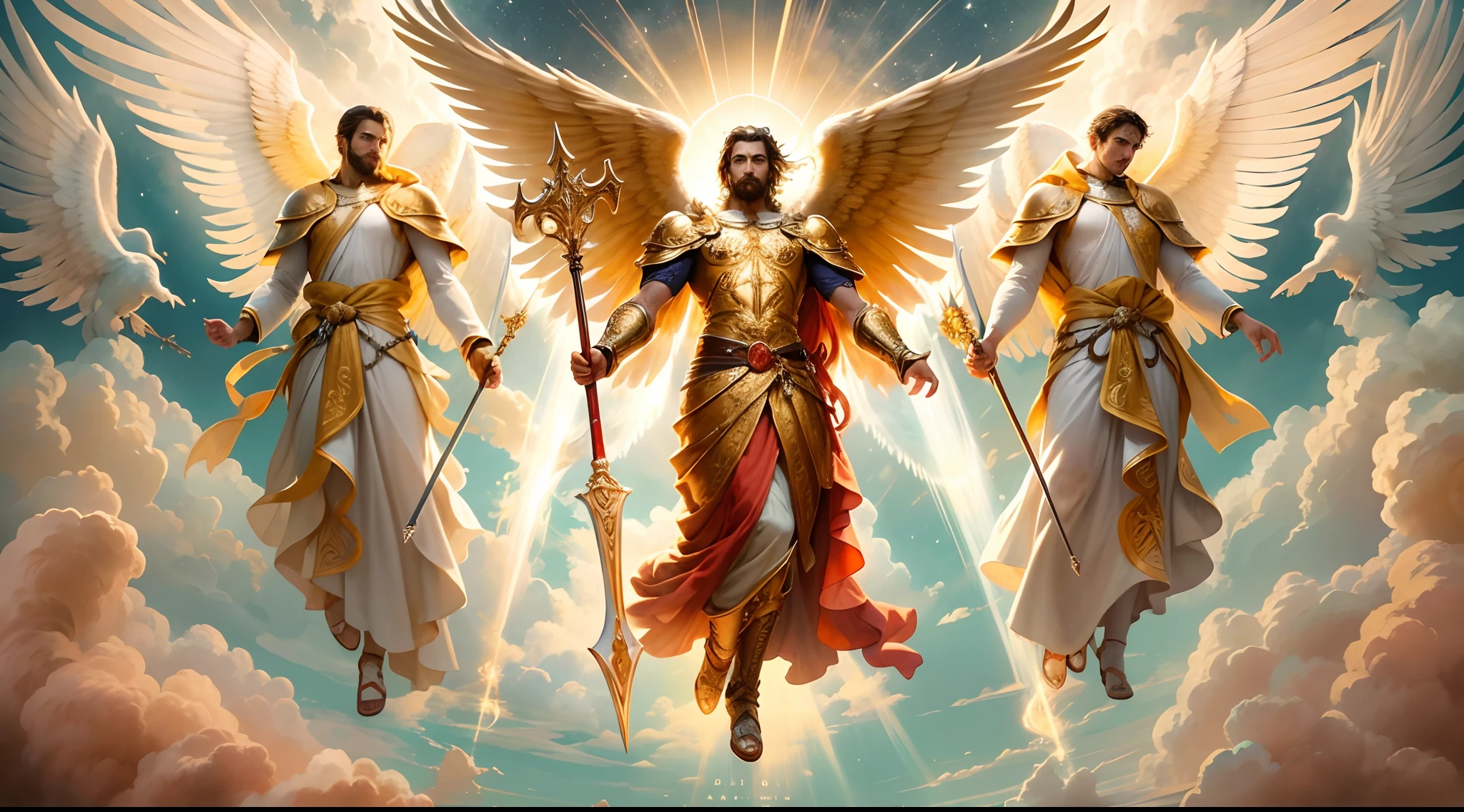 There is a painting of 3 beautiful angels with big wings in the sky, 3 Anjos majestoso de corpo inteiro, vestido com roupas brancas e vermelhas, biblical accurate angel, 3 Arcanjos Miguel, Gabriel e uriel, 3 anjos protegendo em guarda, angel spirit guide, angelic, Arcanjo Miguel, Gabriel e Uriel, humano alado, epic angel wings, anjos lindos, anjos, being brilliant angelic, Angelic, Tema de anjos, Alto Anjos tiro distante, Biblical setting, anjos guerreiros, with a spear in his hand, vestes vermelhas estilo soldado romano, anjos aparentando idade de 40 anos e majestosos, um personagem masculino, o arcanjo Miguel, Gabriel e Uriel, imagem celestial, detalhes intricados, realista, asas ROSAS e grandes, Angelic background, Catholic illustrative image of the archangels Michael, Gabriel e Uriel, Male character of the Bible, Michael is wearing his angelic armor, cosmic background, Illumination on the Archangels and in the background, imagem do corpo todo dos anjos, Maximum detail and his angelic face and wings, pele perfeita realista, Maximum image quality, Miguel, Gabriel e uriel ele esta destacado na imagem com cores fortes e chamativas. with a spear in his hand, 3 arcanjos perfeitos, 3 anjos perfeitos, perfeitos