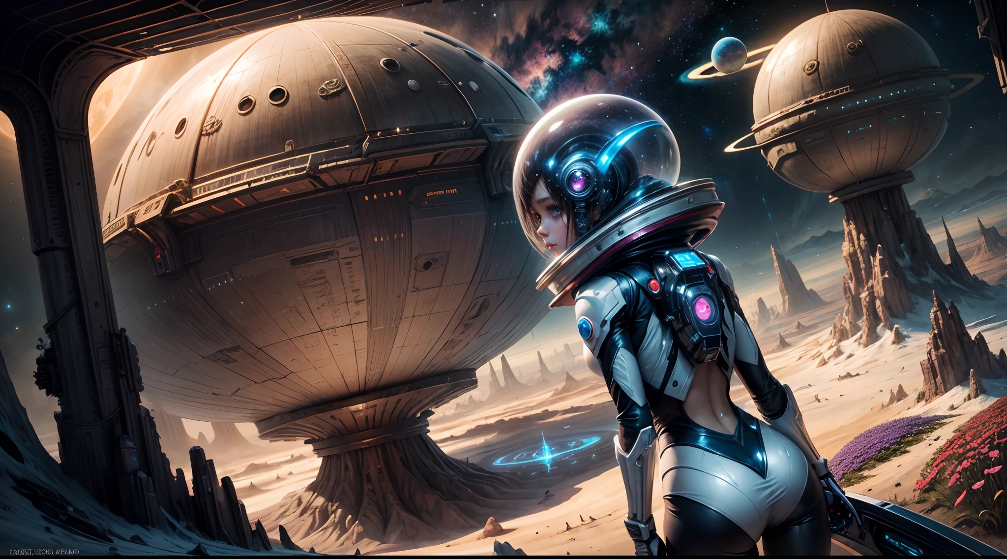 "A detailed painting of a alien girl dressed as a space ranger, exploring an extraterrestrial landscape adorned with vibrant, otherworldly flowers. Science fiction wonderland, imaginative, space adventure."