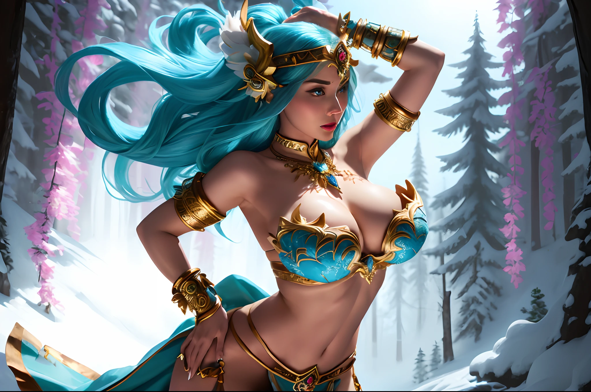 beautifull crystal maiden dota 2 with very large breast, lift her boobs,) ,(strapless luxury bra), (hand under boobs), (show cleaveage), (show underboobs) , (show sideboobs), (show thigh), (detailed underboobs ornament), (detailed luxury chest ornament), (detailed luxury arm ornament), (detail hips ornament), expensive detailed necklace, flower vase, (very large breast:1,9), snow mountain background, detailsnow forest, detail snowy field, detail background, beautifull face, pretty face, beautifull eyes, beautifull nose, sexy lips, polished nails, raytracing, nsfw, beautifull fingers, beautifull hands, sexy belly, sexy body, sexy shoulders, sexy legs, sexy hips, (luxury bracelet), (luxury ring), (luxury necklace), black nails , blue eye, (nipples), nsfw, (4 fingers in 1 hand), white skin, full body picture, pretty makeup, blush, body tattoo,