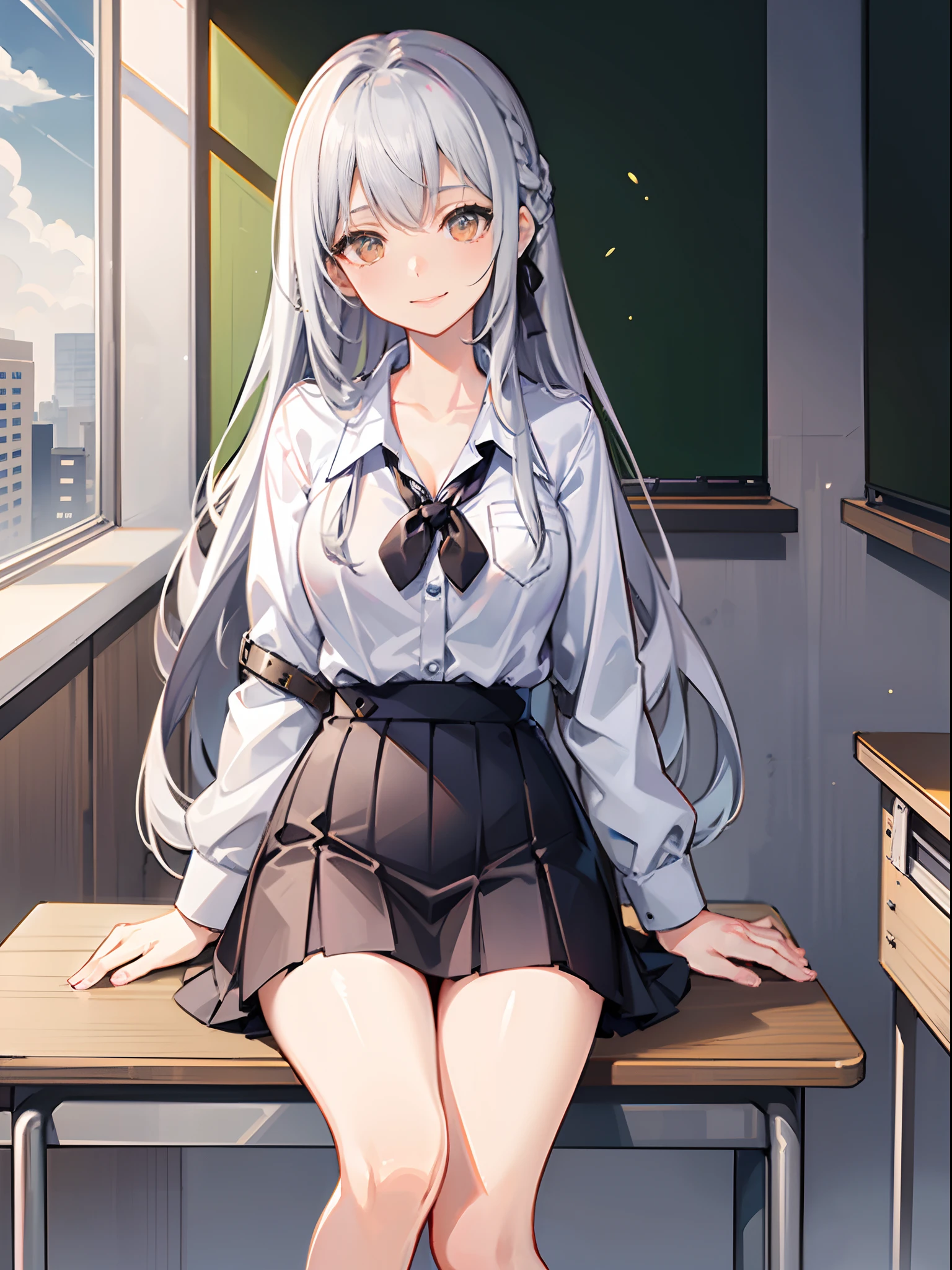 18-year-old silver-haired girl, golden eyes, long-haired,Braid left and right. Wear a white shirt with buttons..... Black miniskirt.Sitting in the classroom.With a slightly smiling face............