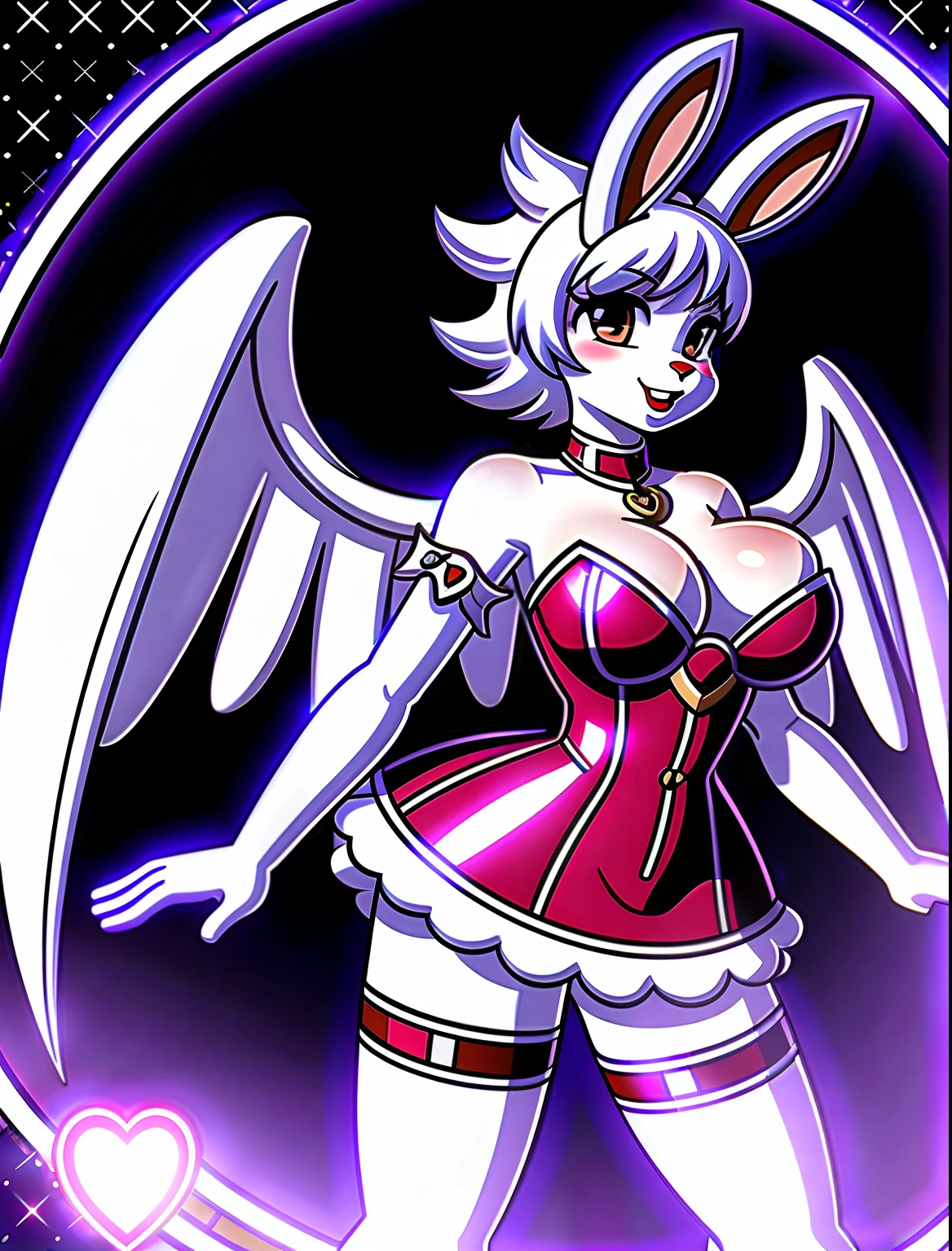 Female anthro rabbit as an magical girl dress, white long gloves, white boots, pink, heart rod, white soft wings, boobs, red lipstick