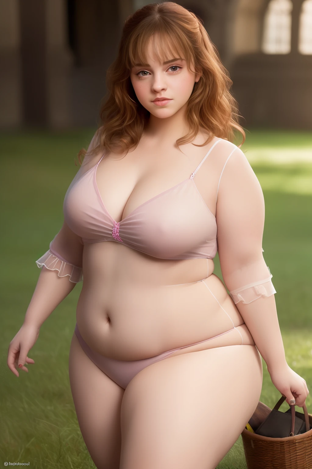 masterpiece, (photorealistic), (8k wallpaper) , (best quality), perfect quality, solo, (detailed eyes:0.9), Ermione, small smile, sexy, very beautiful face, curvy, cute face, chubby, fat rolls, belly rolls, soft, pink dress, see-through dress, muffin top, navel, tight dress, love handles, thunder thighs