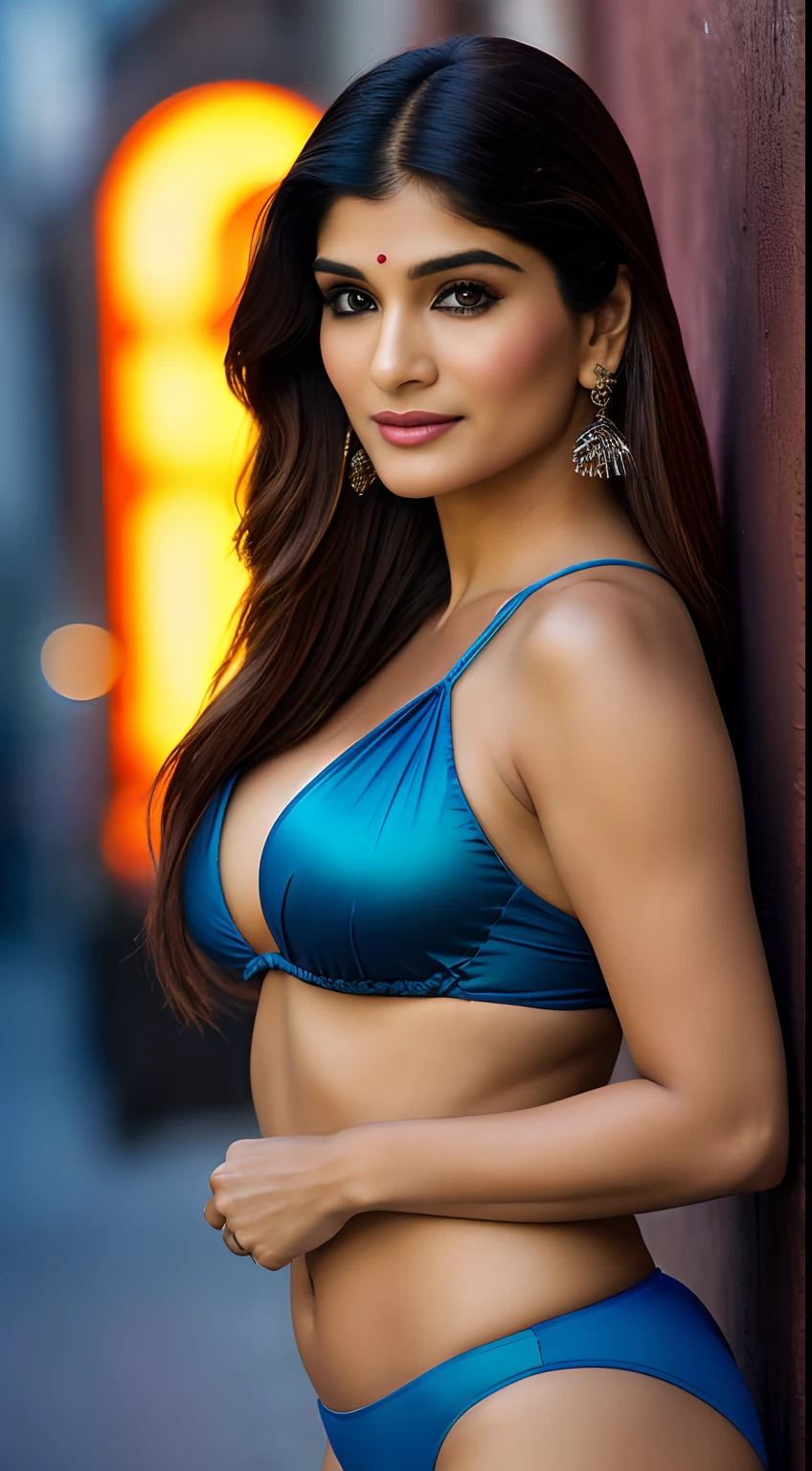 little Raveena Tandon, (taking selfies, Overhead view: 1,4), (straight half of the torso: 1,4), Portrait photo of a 24-year-old blonde in RAW UHD format (Blue-eyed woman), pigtails, Haircut for a boy , Walk down the dark alley, natutal breasts_b, night city, ( tactical clothes), (décolleté), in detail (textures!, hairsh!, glistering, a color!!, imperfections: 1.1), highly detailed glossy eyes, stands with his back, Standing Around, bottom, thongs, (is looking at the camera), specular lighting, DSLR camera, ultra quality, sharp-focus, sharpness, Depth of field, film grains, (centred), Fujifilm XT3, Crystal clear, big breastes, naked torso, The center of the frame, pretty face, sharp-focus, street lamp, neon lights, bokeh, (dimly lit), Low key, in night, (night  sky ) detailed skin pores, oiled skin, suntan, Complex eye details, Indian woman