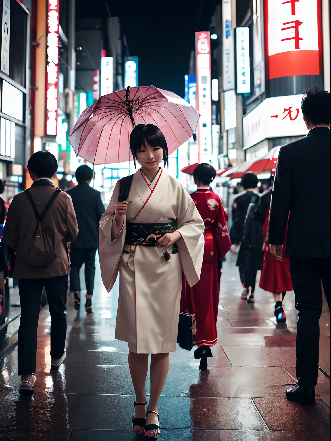 Highlight insanely beautiful Japanese woman, wearing traditional Japanese clothing; Tokyo crowd, light rain, early morning busy street scene, dynamic action poses, extremely happy festive moment, fashio photography, Holga photography, analog camera, lo-fi, detailed composition, cinematic lighting, cyclorama effect, fashion shoot.