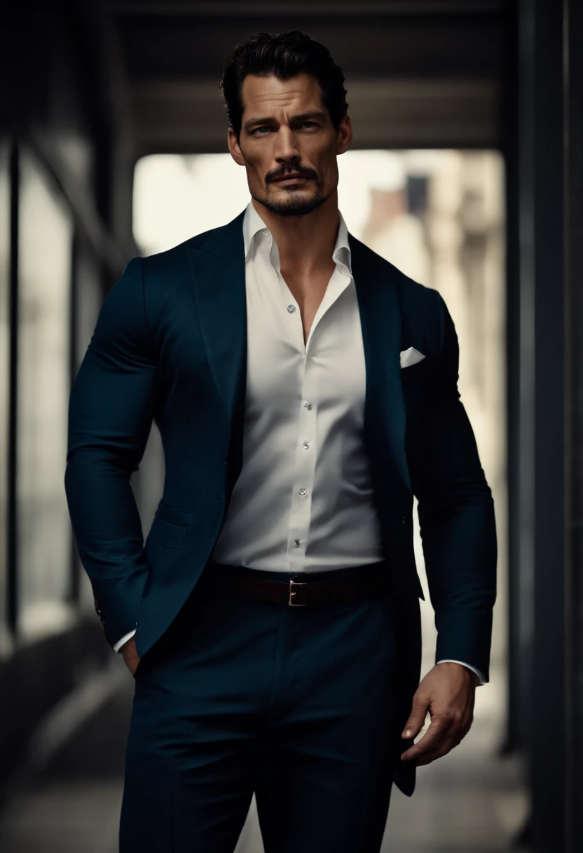 retrato do David Gandy com barba rala, vestido como um policial gostoso