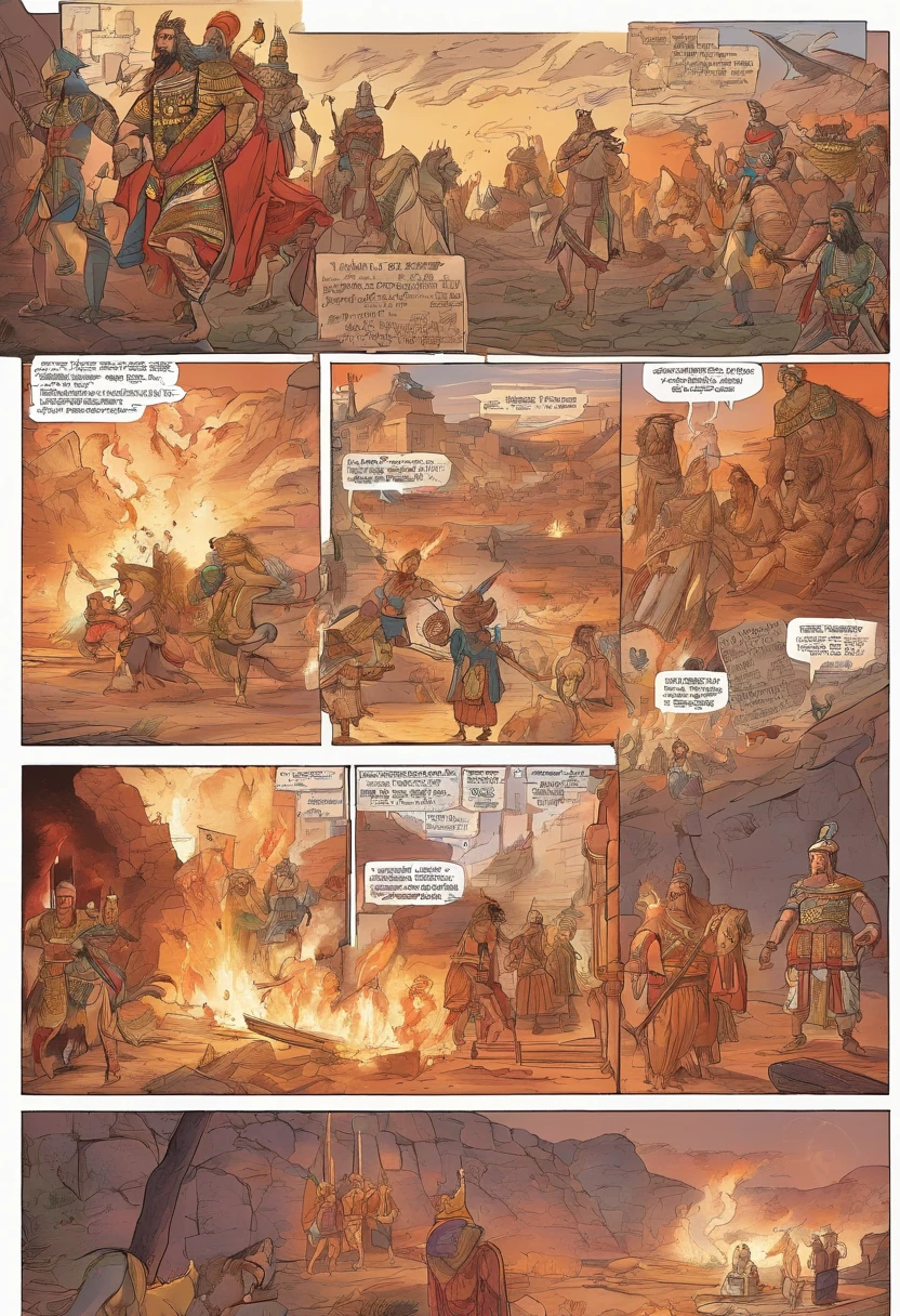 Create a representation of the famous biblical scene where King Nebuchadnezzar, on the left of the image, is furious and orders his soldiers, armed with spears and lit torches, to cast Shadrach, Meshach, and Abednego, who are bound and desperate, into the blazing furnace in the center of the image. The furnace should be ablaze, emitting intense flames. Ensure the scene captures the drama and tension of the moment, with King Nebuchadnezzar looking on with a fierce expression. Use contrasting, warm colors to accentuate the heat and intensity of the scene.
