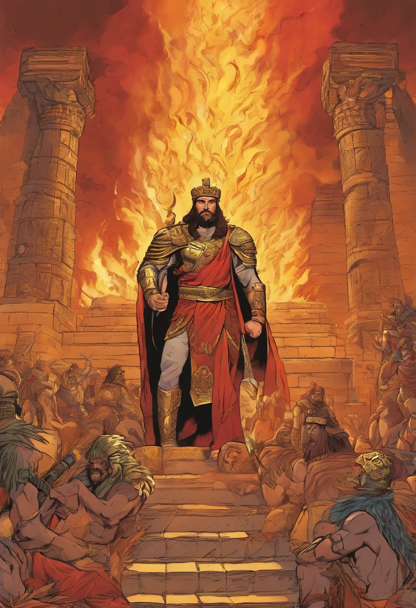 Create a representation of the famous biblical scene where King Nebuchadnezzar, on the left of the image, is furious and orders his soldiers, armed with spears and lit torches, to cast Shadrach, Meshach, and Abednego, who are bound and desperate, into the blazing furnace in the center of the image. The furnace should be ablaze, emitting intense flames. Ensure the scene captures the drama and tension of the moment, with King Nebuchadnezzar looking on with a fierce expression. Use contrasting, warm colors to accentuate the heat and intensity of the scene.