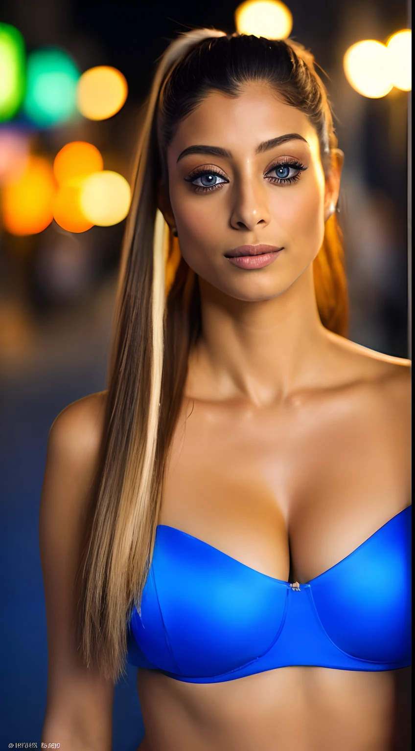little Tabu, (taking selfies, Overhead view: 1,4), (straight half of the torso: 1,4), Portrait photo of a 24-year-old blonde in RAW UHD format (Blue-eyed woman), pigtails, Haircut for a boy , Walk down the dark alley, natutal breasts_b, night city, ( tactical clothes), (décolleté), in detail (textures!, hairsh!, glistering, a color!!, imperfections: 1.1), highly detailed glossy eyes, stands with his back, Standing Around, bottom, thongs, (is looking at the camera), specular lighting, DSLR camera, ultra quality, sharp-focus, sharpness, Depth of field, film grains, (centred), Fujifilm XT3, Crystal clear, big breastes, naked torso, The center of the frame, pretty face, sharp-focus, street lamp, neon lights, bokeh, (dimly lit), Low key, in night, (night sky ) detailed skin pores, oiled skin, suntan, Complex eye details, Indian woman