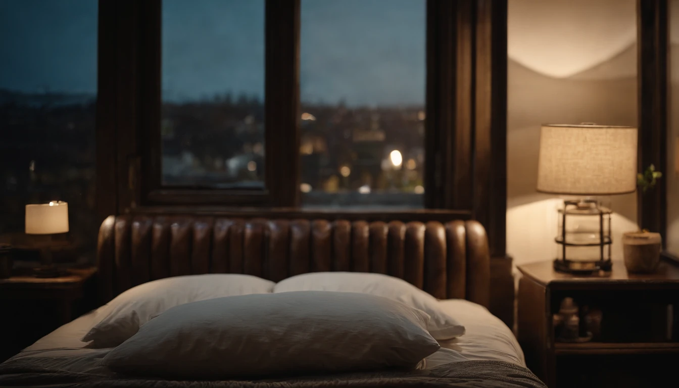 Close up of scenery at night in a bedroom with a single big window. front angle view