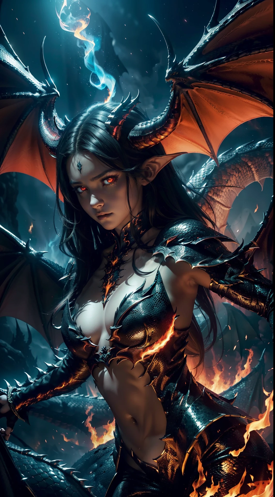 (a very young girl), (((flat chest))), (((no breasts))),(black dragon),(glowing red eyes),(fire in the background),(night sky),(realistic),(highres),(ultra-detailed),(vivid colors),(concept artists),(dark and mysterious color tone),(strong contrast lighting),(detailed scales on the dragon's skin),(soft and flowing dark hair for the girl),(dramatic pose for the girl),(magical atmosphere),(sparkling stars),(impressive dragon wings),(majestic horns on the dragon),(no scars or injuries),(elegant and childish body for the girl),(intense expression for the dragon),(dynamic composition),(detailed and realistic fire effect),(haunting and captivating scene)