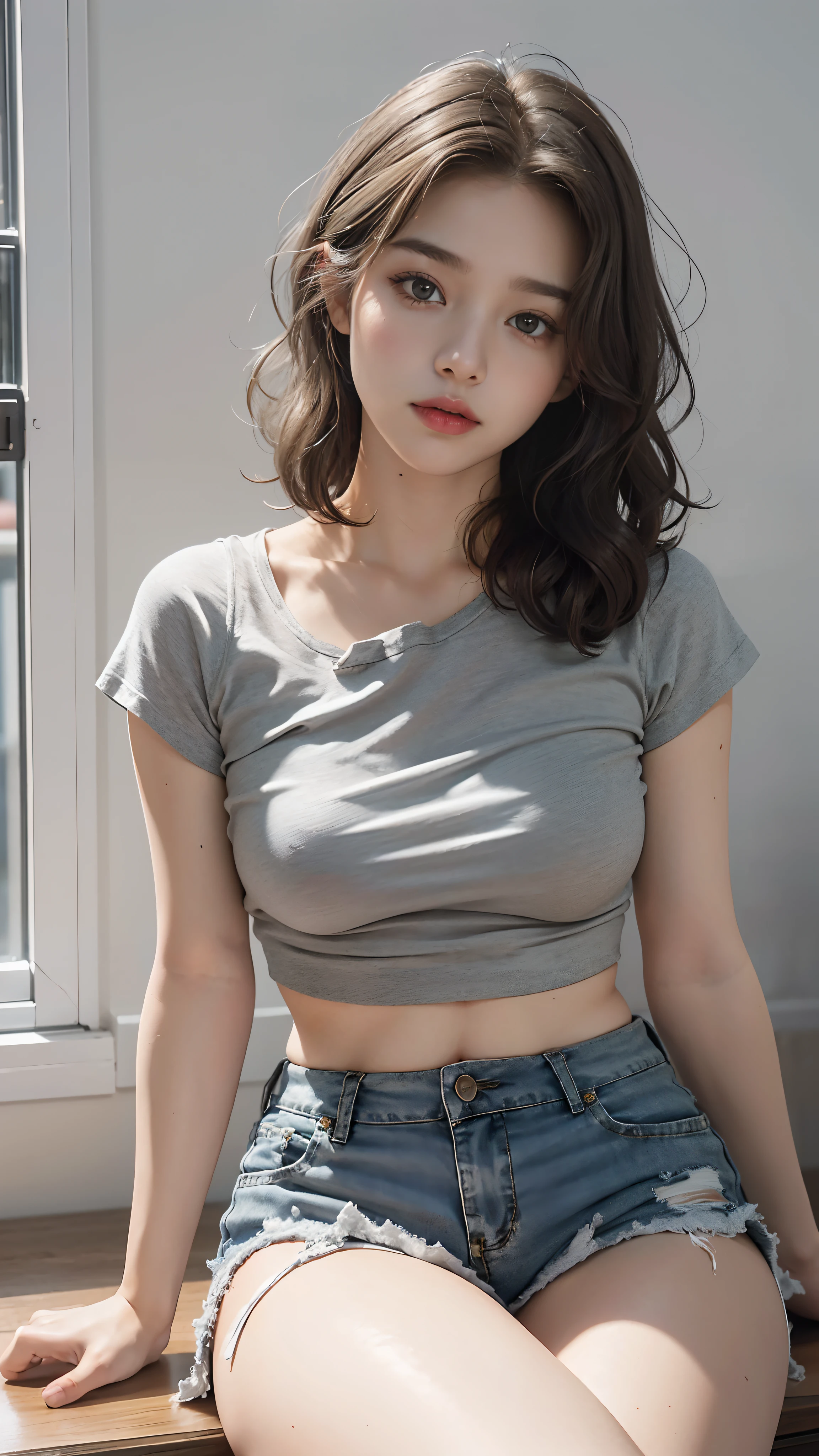 ((medium breast, 18 year old girl, small head))daylight, sunlight, (perfect body : 1.1), (young), (short wavy hair:1.2), full body shot, (extremely detailed CG 8k wallpaper), (an extremely delicate and beautiful), (masterpiece), (best quality:1.0), (ultra highres:1.0),  beautiful lighting ,perfect lightning, realistic shadows, [highres], detailed skin, ultra-detailed, beautiful face, symitrical innocent face with cute expression, wearing grey, tight grey  shorts and white top  top, big  boobs, thick and bigg things, make the thighs main point of attraction, sitting, looking at the viewer, perfect body, shot from front, slightly chubby body  and thick thighs, full body