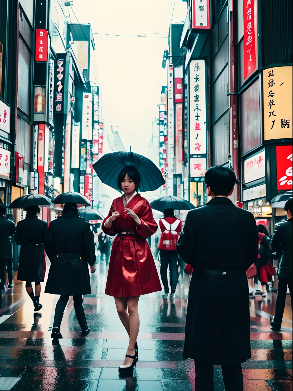 Highlight insanely beautiful Japanese woman, Tokyo crowd, light rain, early morning busy street scene, dynamic action poses, extremely happy festive moment, fashio photography, Holga photography, analog camera, lo-fi, detailed composition, cinematic lighting, cyclorama effect, fashion shoot.