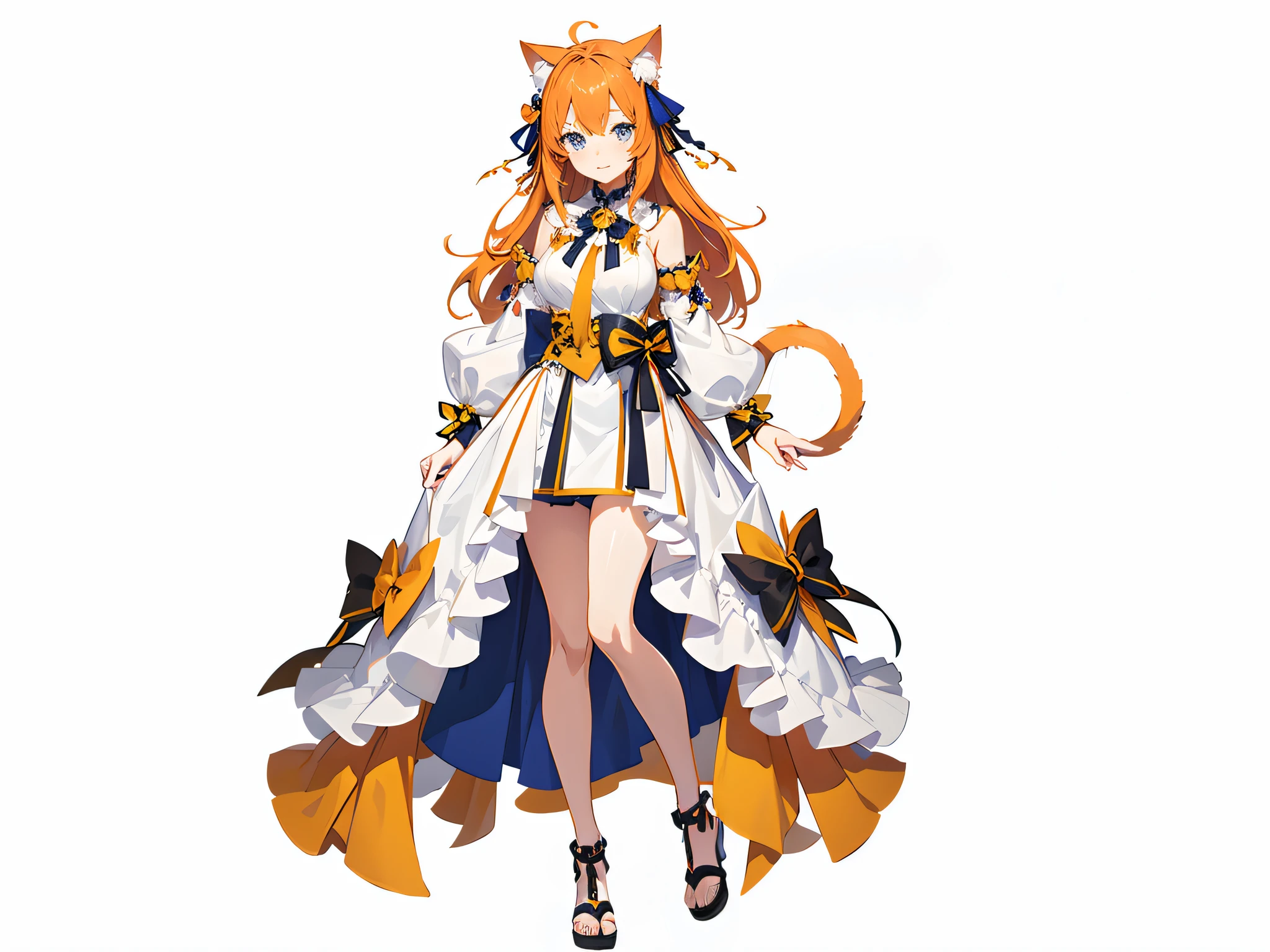 orange hair, animal ears, blue eyes, cute expression, bow hair accessory, wearing a white dress, and a cat tail, a cute anime character with a lovely plump figure, dressed in beautiful clothes, official character art,  official character illustration, anime goddess, stunning anime character design, official art, adorable anime art style