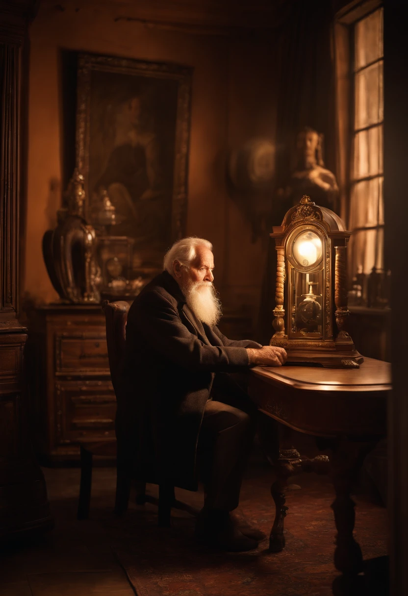 An old man fixing his gaze on a screen, in a room filled with vintage furniture and soft warm lighting. His face is detailed, showcasing wrinkles and a wise, weathered expression. The room is adorned with intricate antique decor, such as a grandfather clock and vintage paintings. The man's eyes convey a sense of curiosity and concentration, while his lips are pressed together in deep thought. The image quality is of the highest standard, with vibrant colors and crisp details. The scene is captured in a photorealistic style, reminiscent of classical portraits. The color palette consists of rich earthy tones, with warm highlights and shadows. The room is softly illuminated by a combination of natural light and warm artificial lighting, creating a cozy and nostalgic atmosphere.