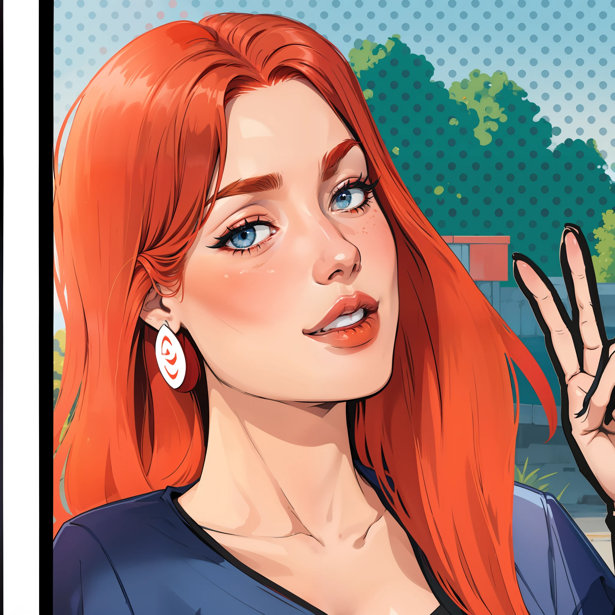 There's a red-haired woman making a peace sign,