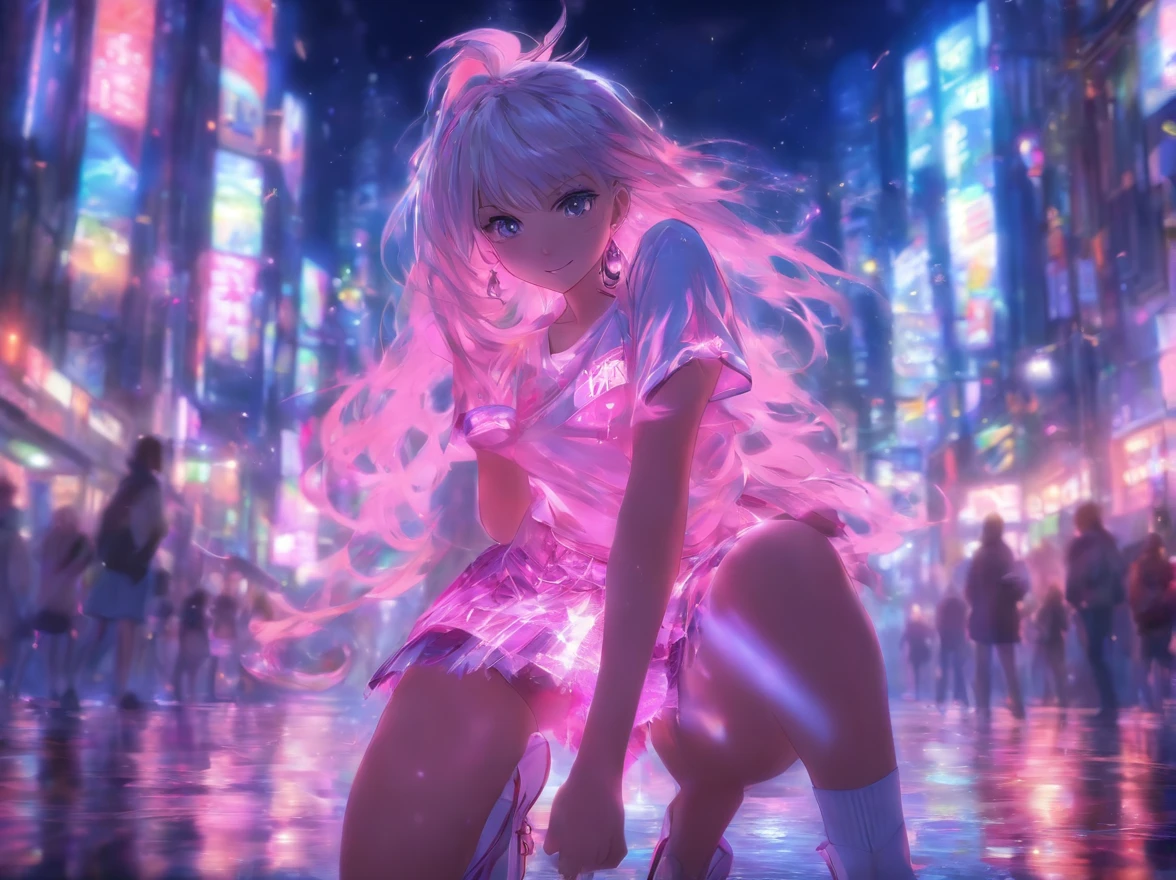 a miniskirt,White hair,Inner color pink,teens girl,On the street at night,Best Quality