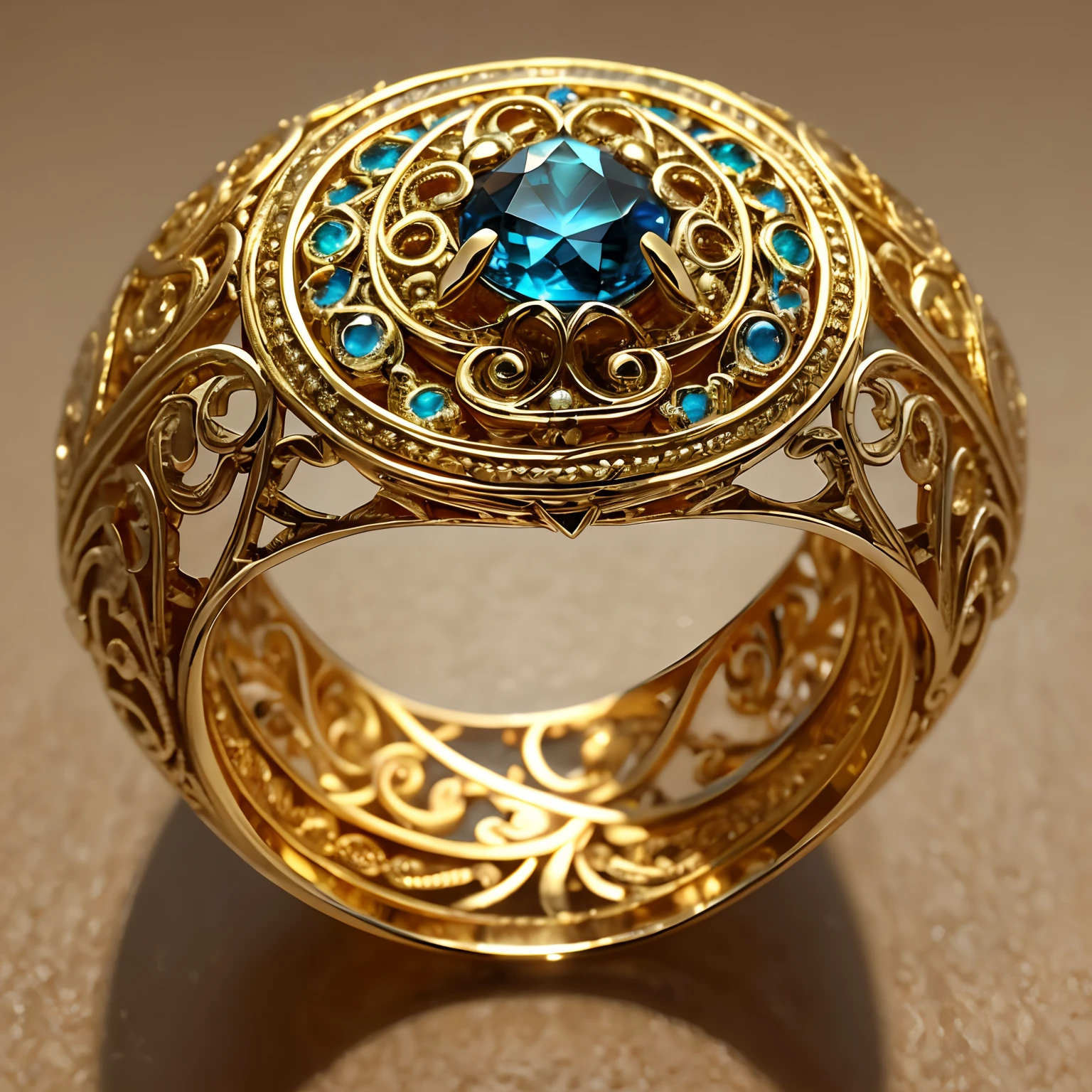 Masterpiece，highest  quality，(Nothing but the ring)，(No Man),Supreme Ring，（Peacock element carving），This is（Supreme Lord of the Rings：6.66），Made in gold，Meticulous workmanship，Honorable and gorgeous，Set with blue gemstones，It shines with a noble golden magical light，