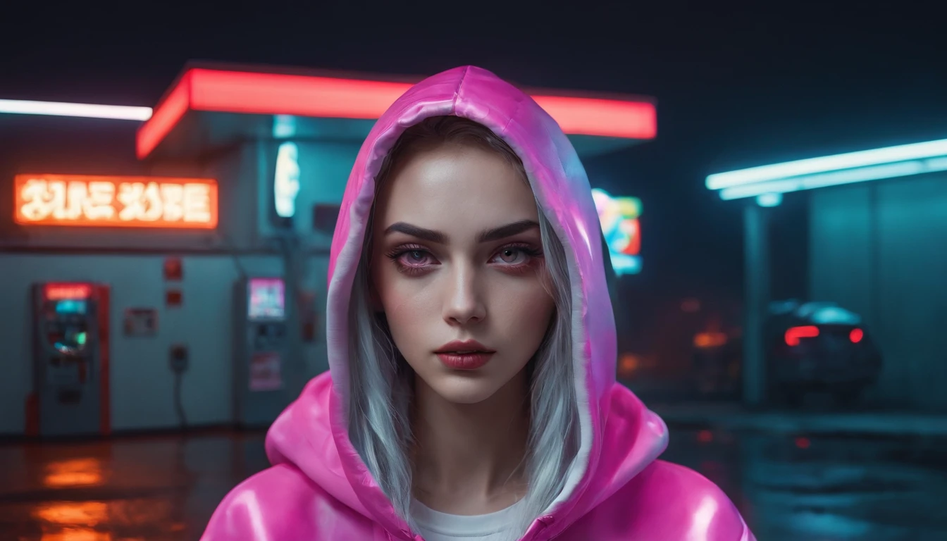 Portrait of a beautiful girl with a hoodie in gas station at night, rainy night, beautiful eyes, foggy night lights, dramatic lights, neon lights, hardwave aesthetic, cold lights, dark cyberpunk aesthetic, extremely beautiful woman.