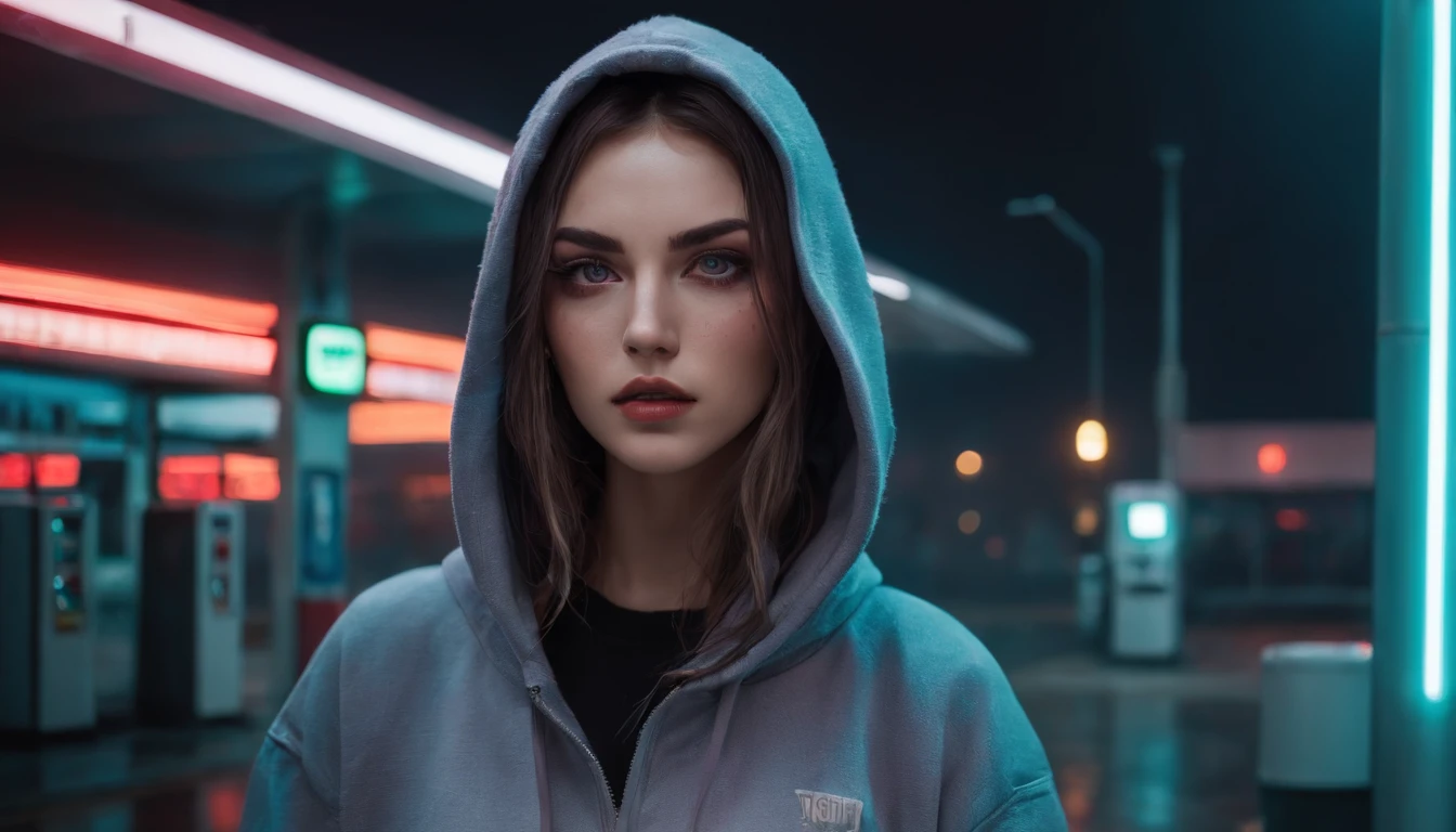Portrait of a beautiful girl with a hoodie in gas station at night, rainy night, beautiful eyes, foggy night lights, dramatic lights, neon lights, hardwave aesthetic, cold lights, dark cyberpunk aesthetic, extremely beautiful woman.