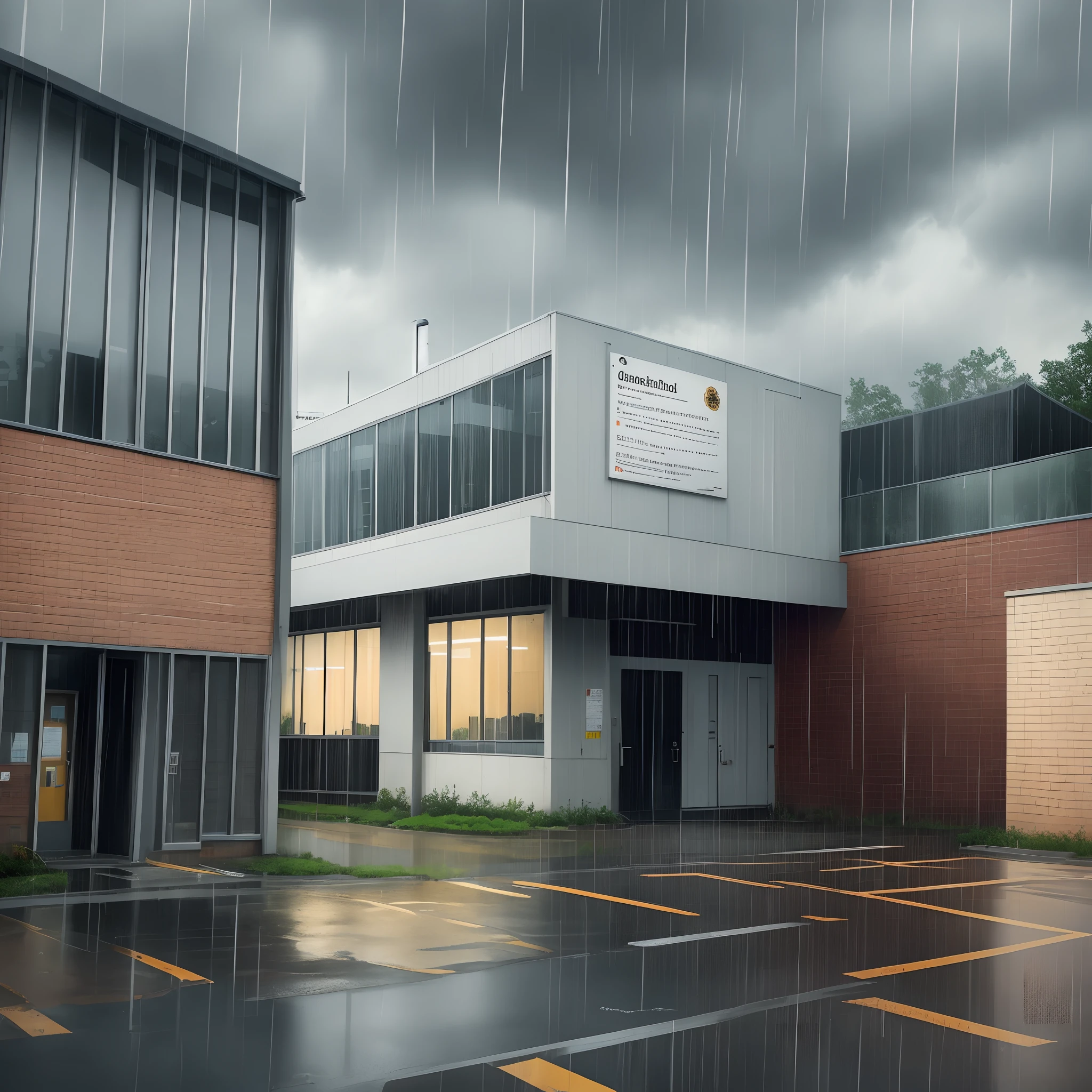 A large school building with a sign in the rain