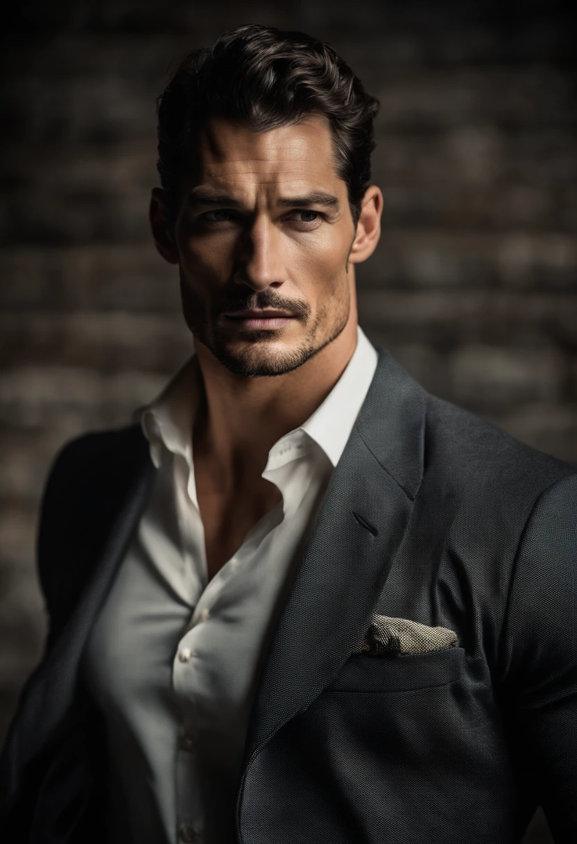 retrato do David Gandy jovem, fardado como um policial gostoso, sentado de perna aberta no capo de uma viatura