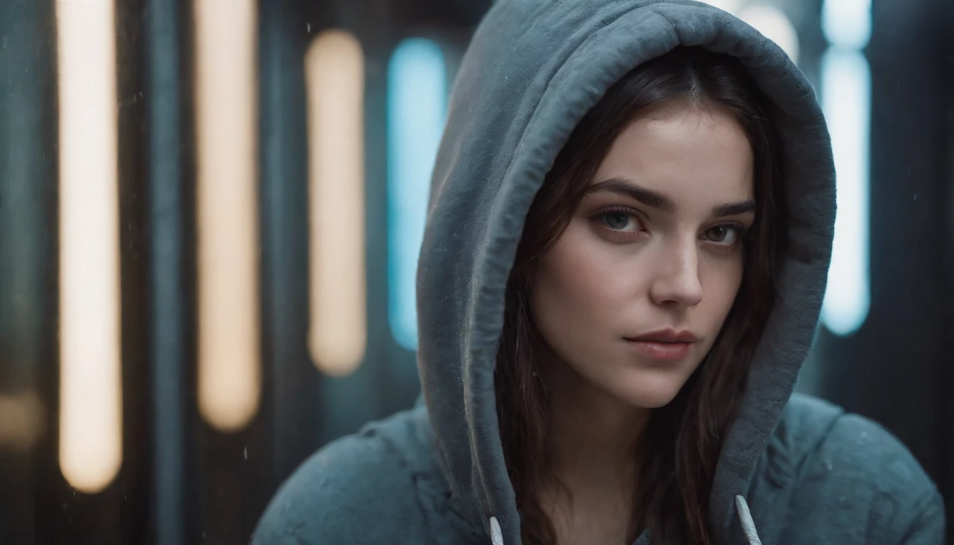 Portrait of a sad beautiful girl with a hoodie in a subway at night, rainy night, beautiful eyes, foggy night lights, dramatic lights, neon lights, hardwave aesthetic, cold lights, dark cyberpunk aesthetic, extremely beautiful woman.