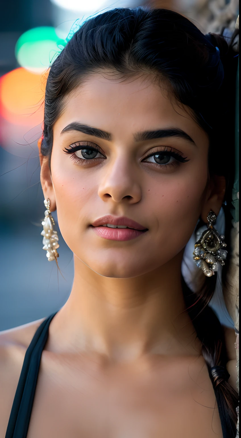 little Kajol Devgan, (taking selfies, Overhead view: 1,4), (straight half of the torso: 1,4), Portrait photo of a 24-year-old blonde in RAW UHD format (Blue-eyed woman), pigtails, Haircut for a boy , Walk down the dark alley, natutal breasts_b, night city, ( tactical clothes), (décolleté), in detail (textures!, hairsh!, glistering, a color!!, imperfections: 1.1), highly detailed glossy eyes, stands with his back, Standing Around, bottom, thongs, (is looking at the camera), specular lighting, DSLR camera, ultra quality, sharp-focus, sharpness, Depth of field, film grains, (centred), Fujifilm XT3, Crystal clear, big breastes, naked torso, The center of the frame, pretty face, sharp-focus, street lamp, neon lights, bokeh, (dimly lit), Low key, in night, (night sky ) detailed skin pores, oiled skin, suntan, Complex eye details, Indian woman